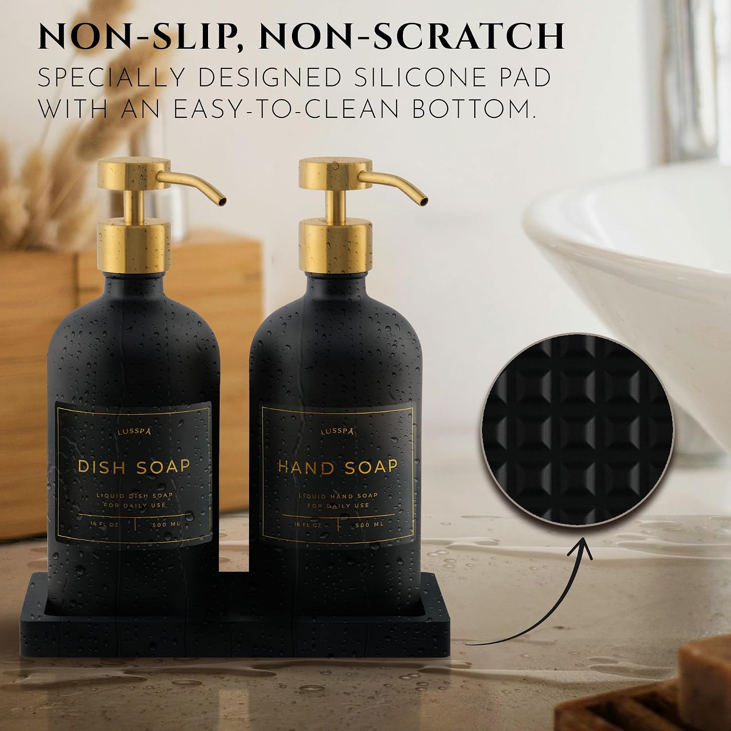 Glass Soap Dispenser Set of 2 (Black) with Silicone Tray | Hand and Dish Soap Dispenser for Kitchen and Bathroom | 16.8