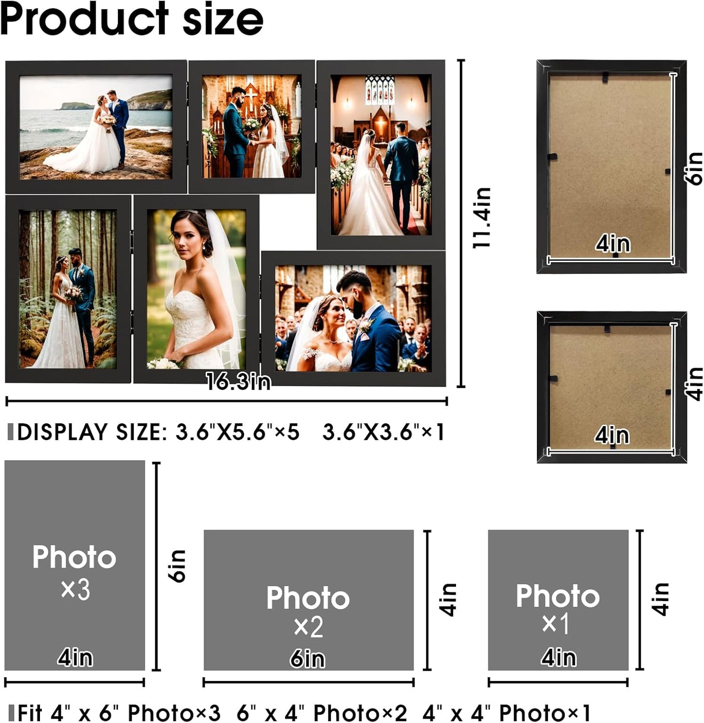 Rustic Wood Desk Family Photo Collage Stand / 6 Holes Black Photo Frame / 4 x 6