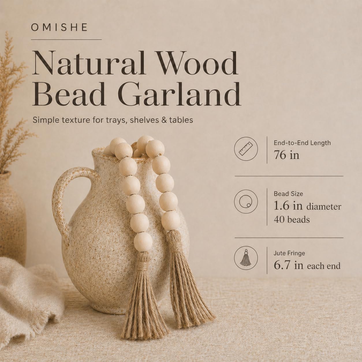 76" Long Extra Large Wood Bead Garland / 1 Nature Beige / 76 Inches