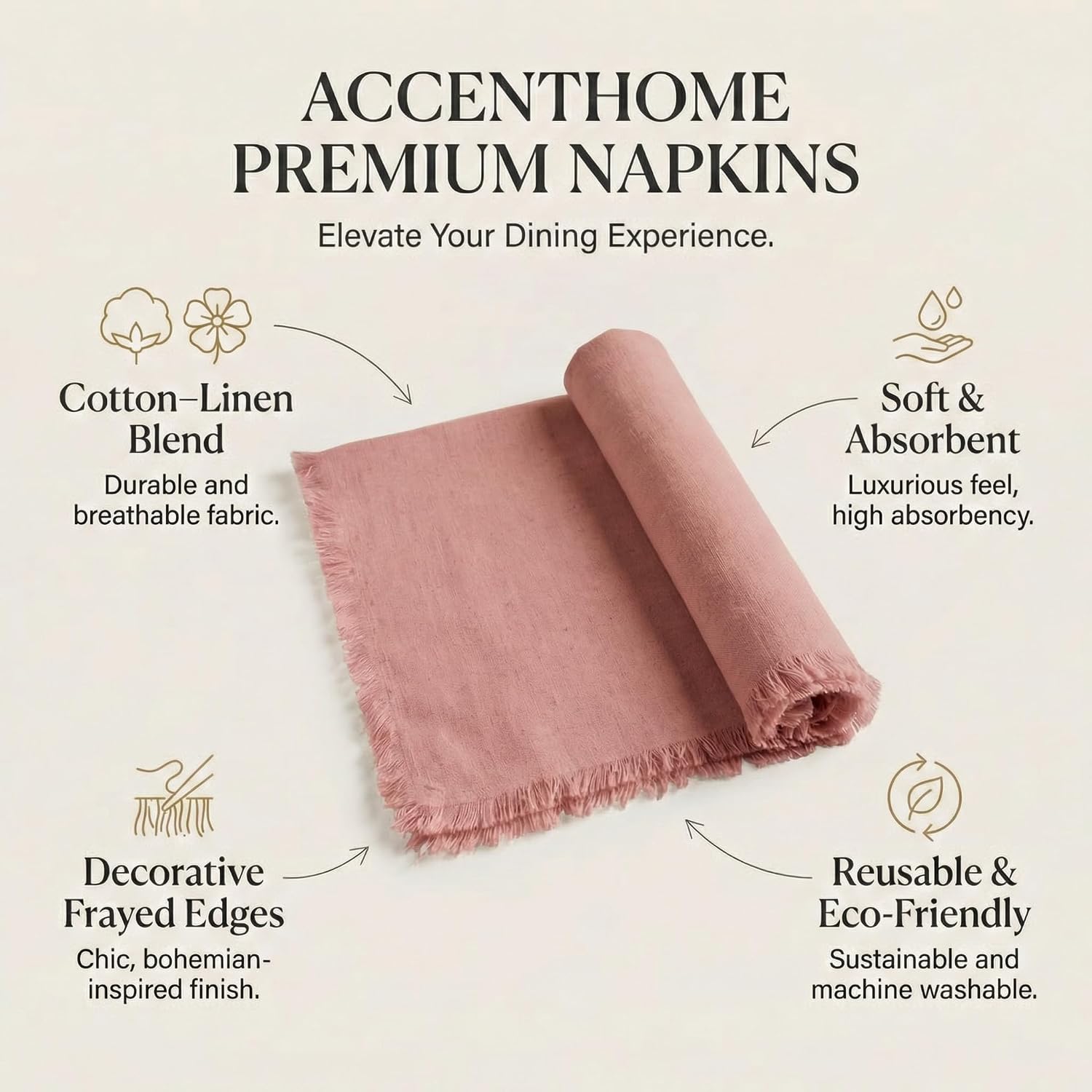 ACCENTHOME Blush Cotton Linen Napkin Set of 12 18x18 inch Dinner Napkins | Cotton Linen Blend Napkins, Machine Wash On