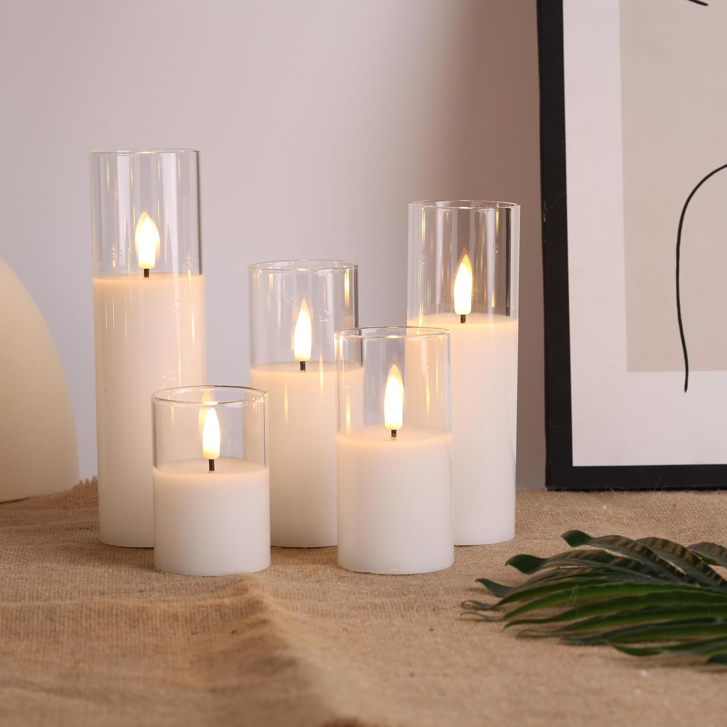 Clear Glass Fake Pillar Candles with Remote Batteries Set of 5 | Flickering Tall Flameless LED Candles, Wedding Home