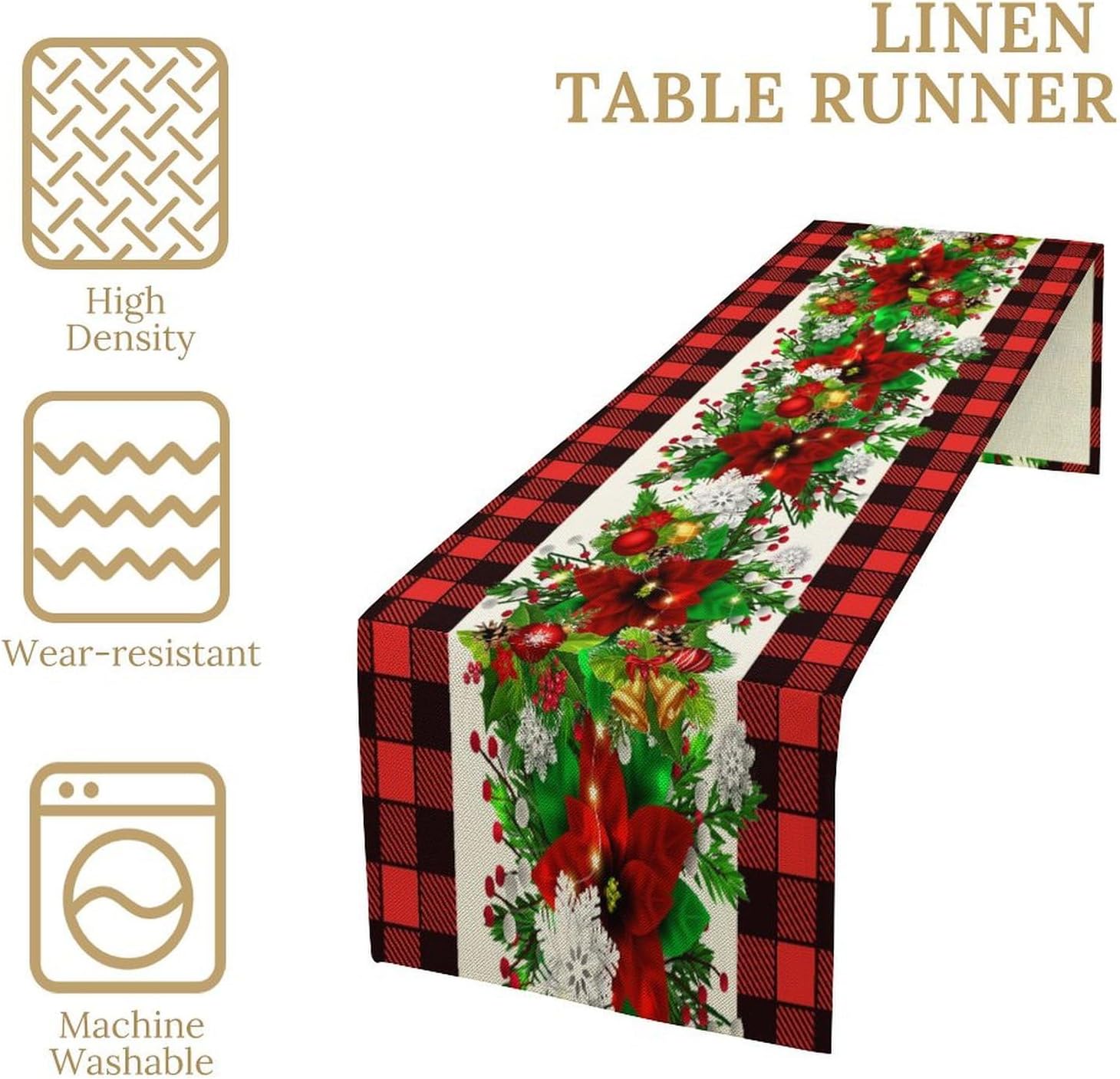 Christmas Linen Table Runner, Red and Black Buffalo Plaid Winter Xmas Holiday Farmhouse Style Patterns Printed Linen