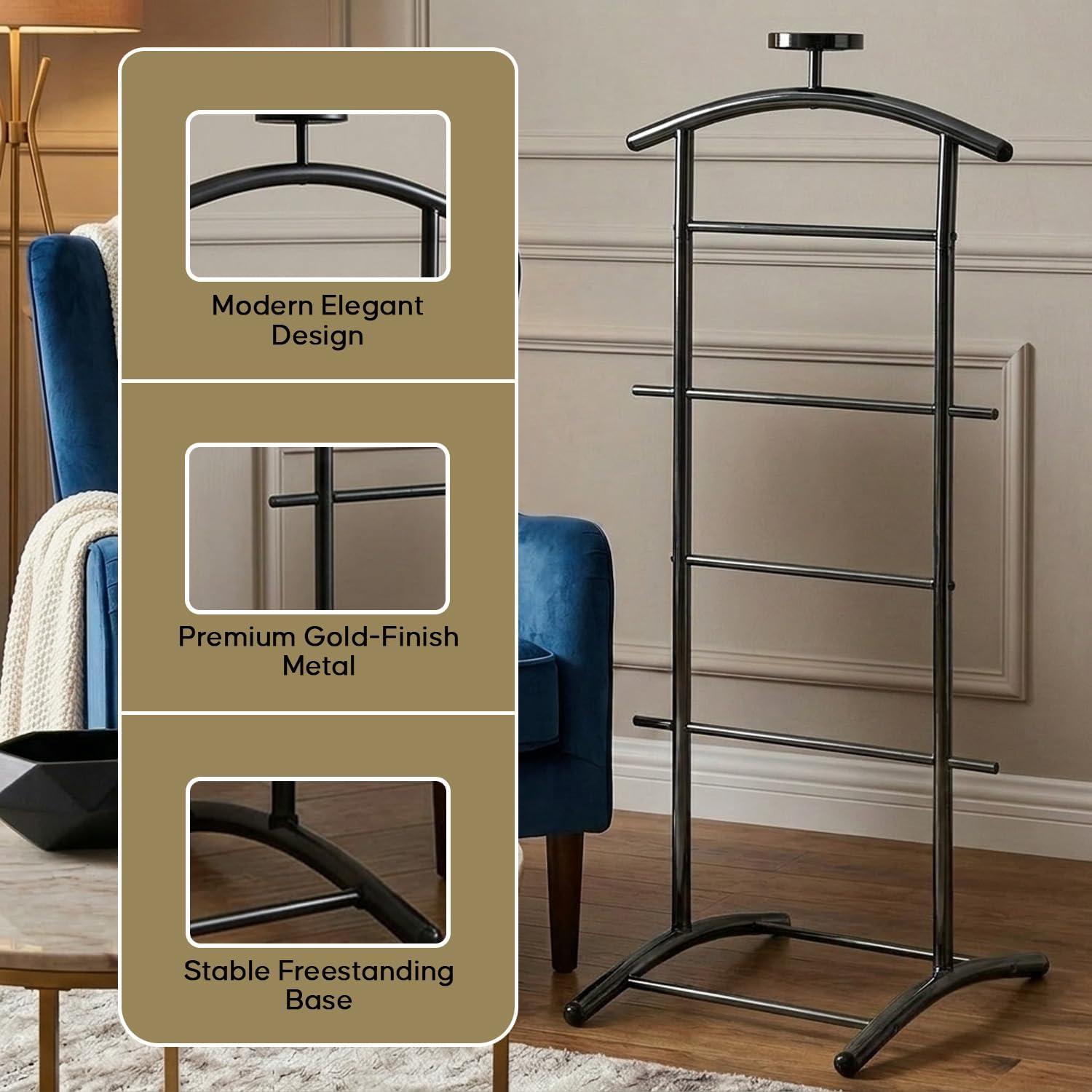 Kings Brand Freestanding Metal Suit Valet Stand with Tie Bar, Black | Complete Clothing Organizer with Hanger, Trouser
