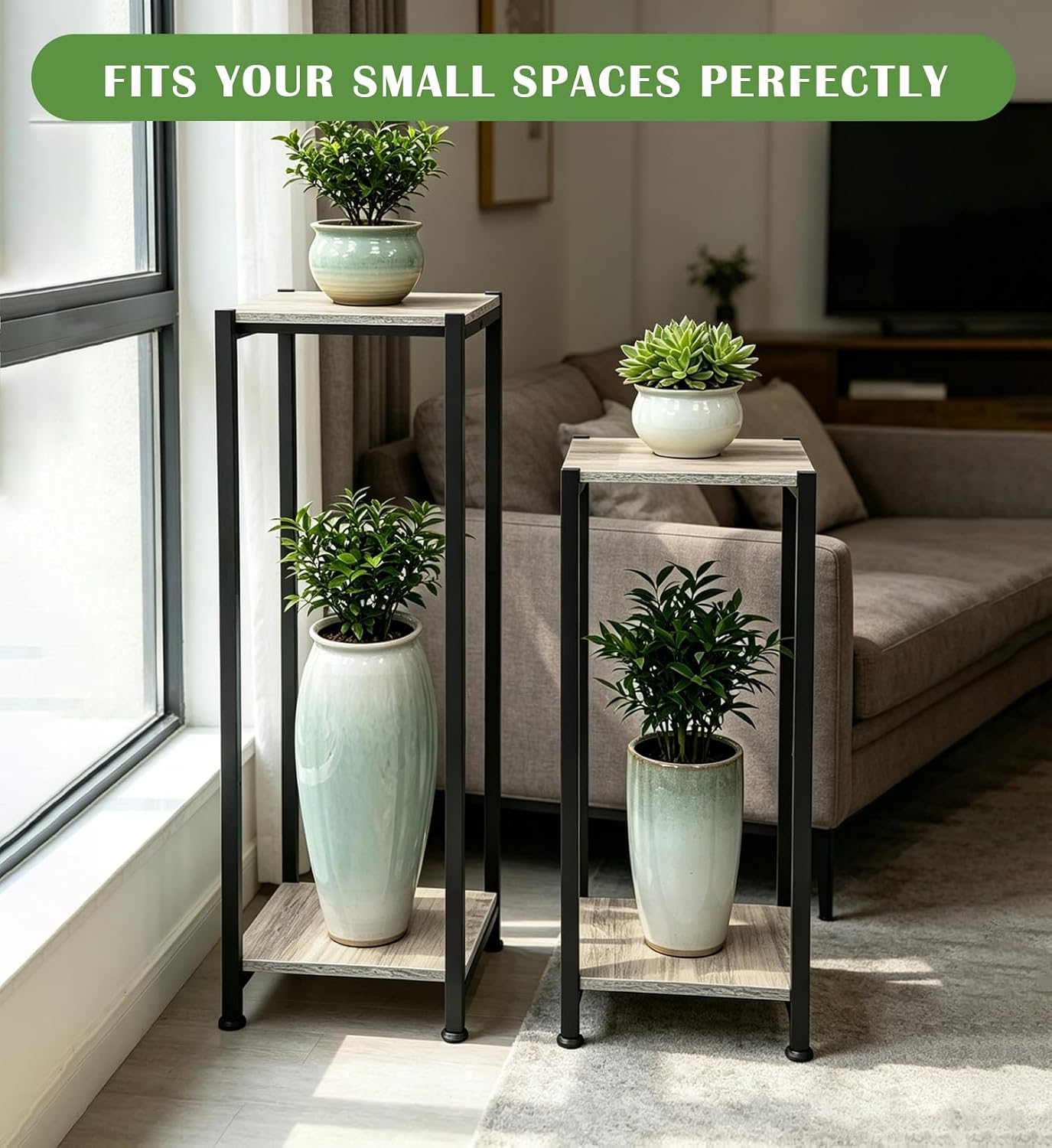 Dipion 40 Inch Extra Tall Plant Stand Indoor,2 Tier Pedestal Stand,Greige | Rock-Solid Stability,Adjustable