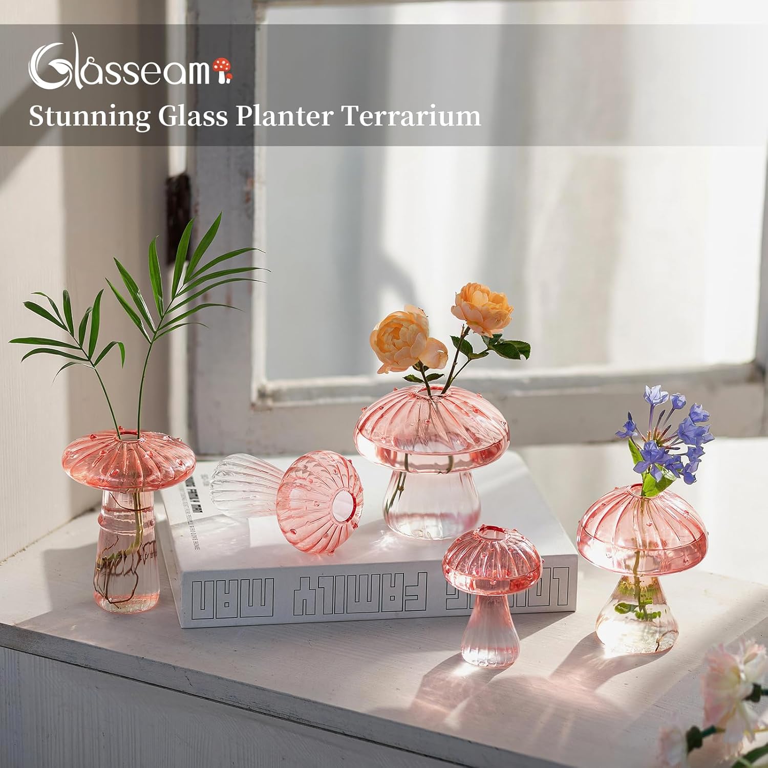 Glass Mushroom Vase / Pink / Set of 5
