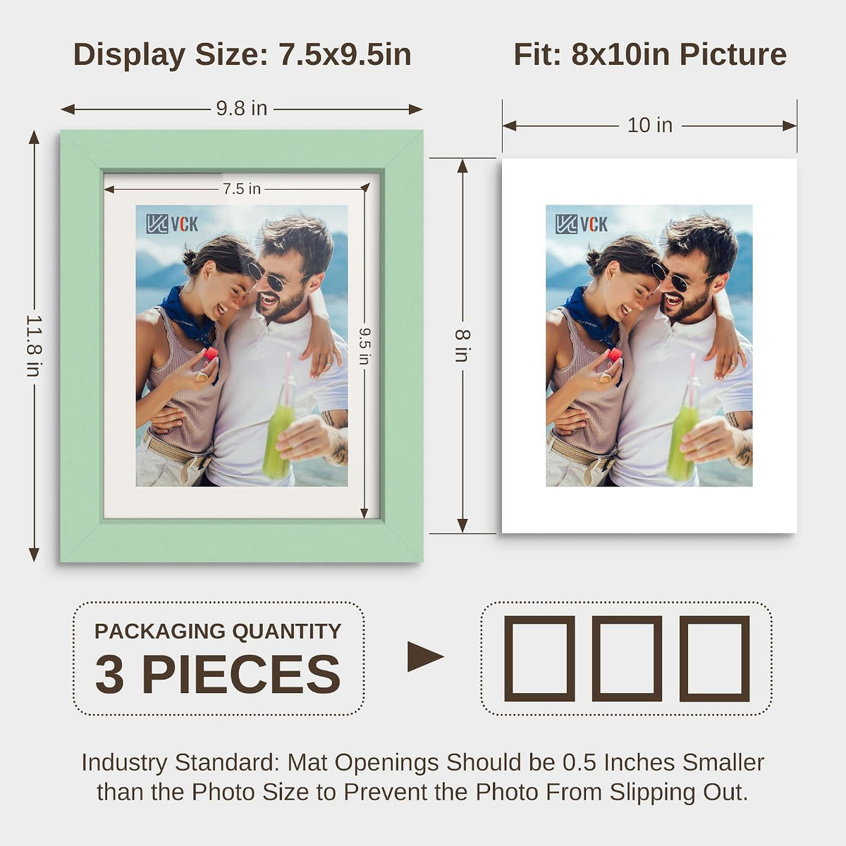 VCK 8x10 Picture Frame Set of 3 - Green, Wide Border Solid Wood Frame, Display Pictures in Horizontal and Vertical, for