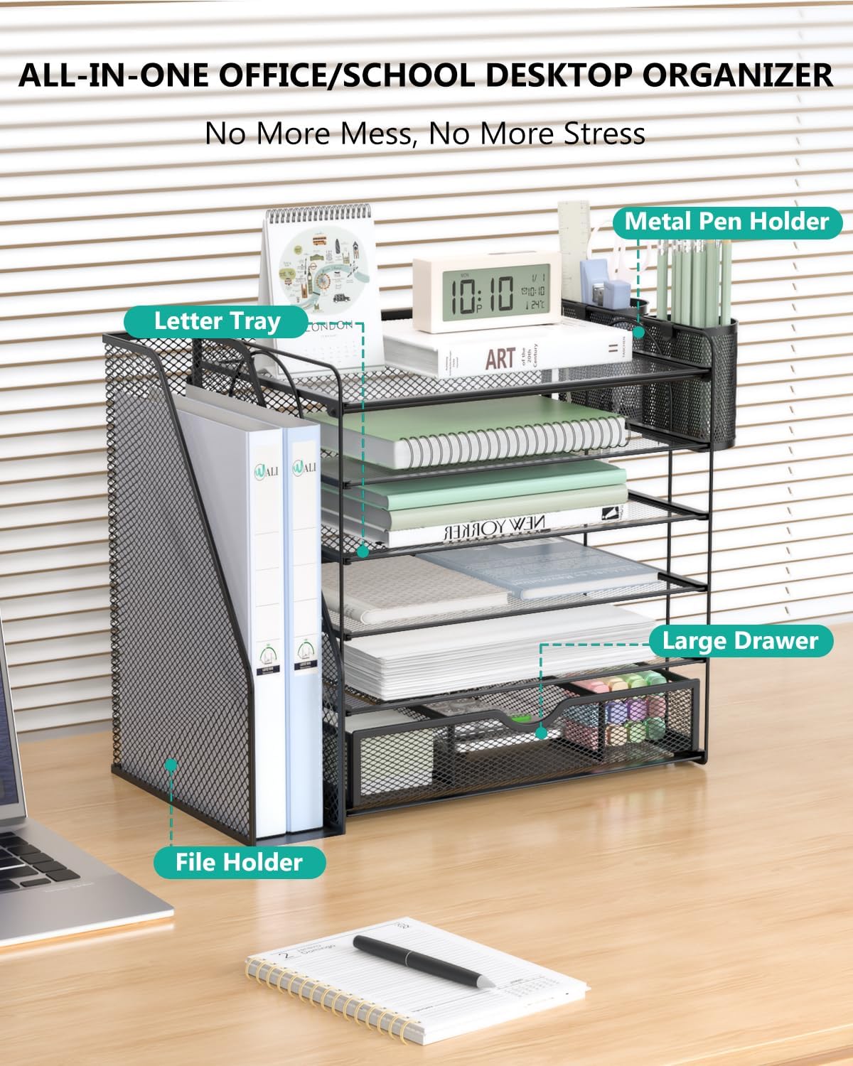 WALI Desk File Organizer, 6 Tier Desktop Paper Letter Tray Organizer with Drawer and 2 Pen Holders, Office Desk