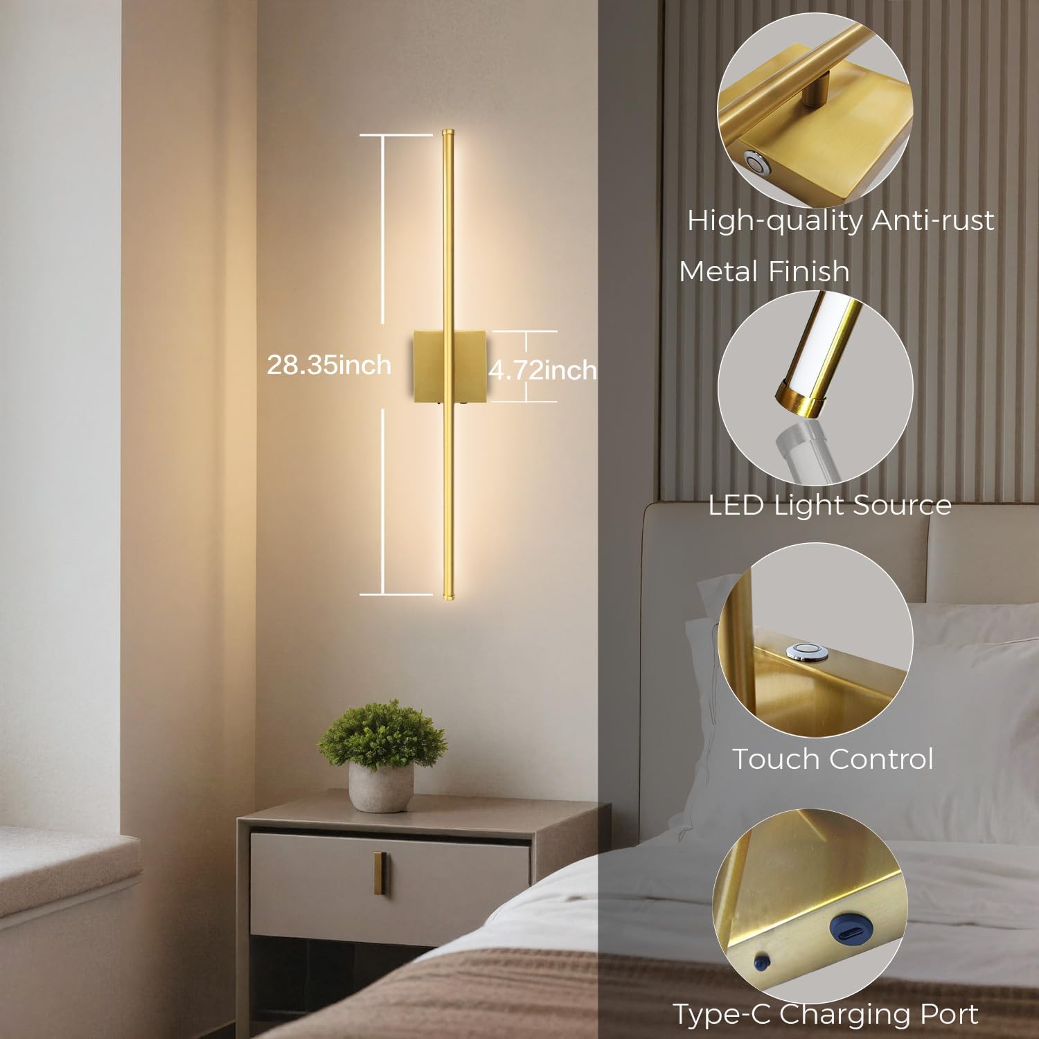 Rechargeable Wall Sconce Set of Two, Modern Wireless Brass Wall Sconces with Remote, 28.35Inch Dimmable Indoor Home