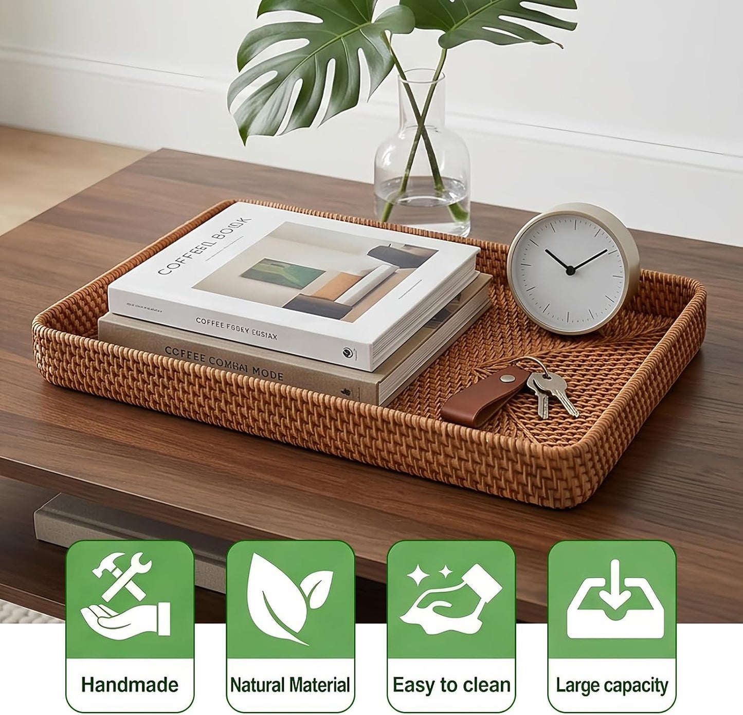 Wicker Storage Basket Rattan Tray Rectangular Wicker Basket Handwoven Organizer Basket Decorative