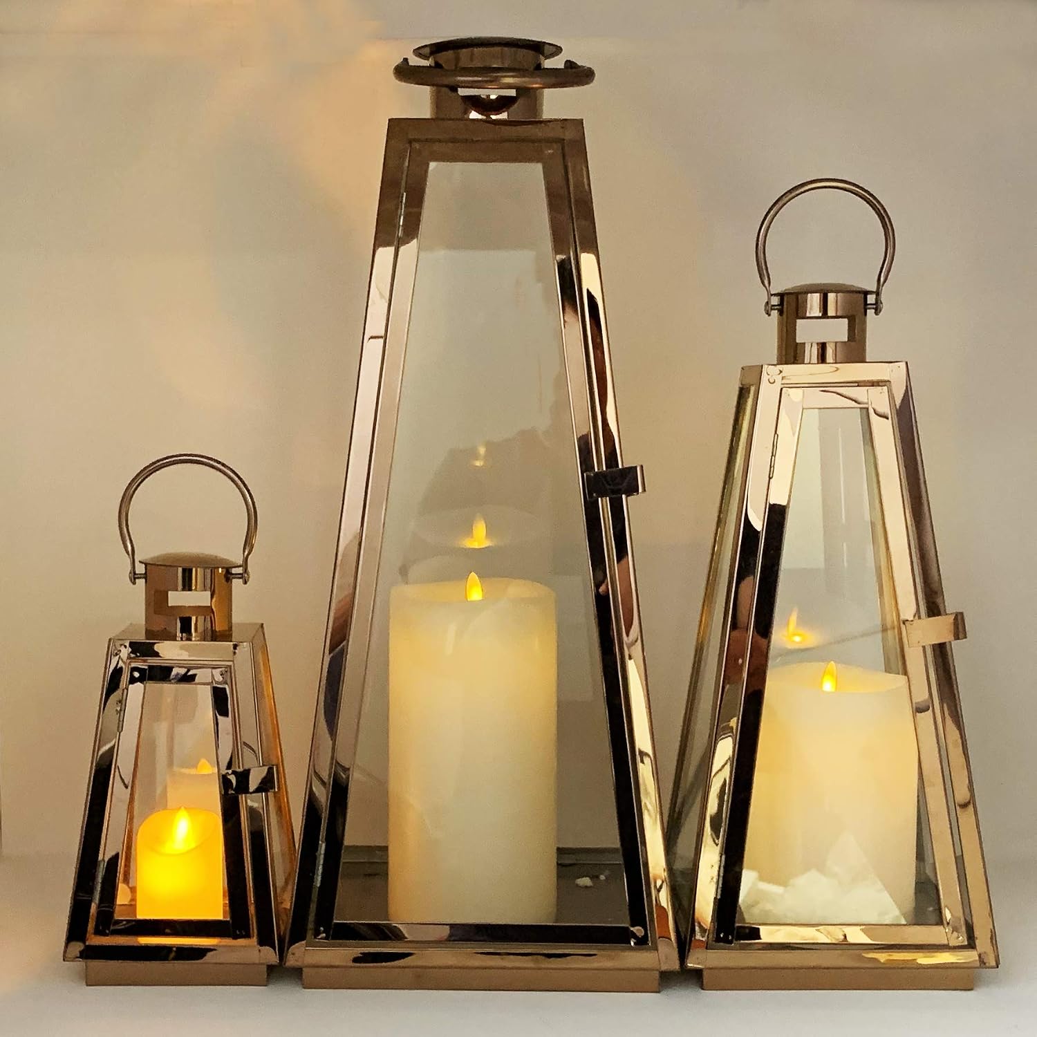 allgala Lantern Jumbo Deluxe Modern Indoor/Outdoor Candle Stainless Steel Rectangular Frame with Lattice Grid Tempered