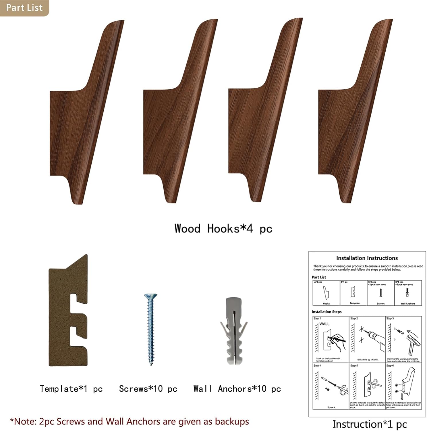Rustic Coat Hooks / Walnut, Dark / Set of 4