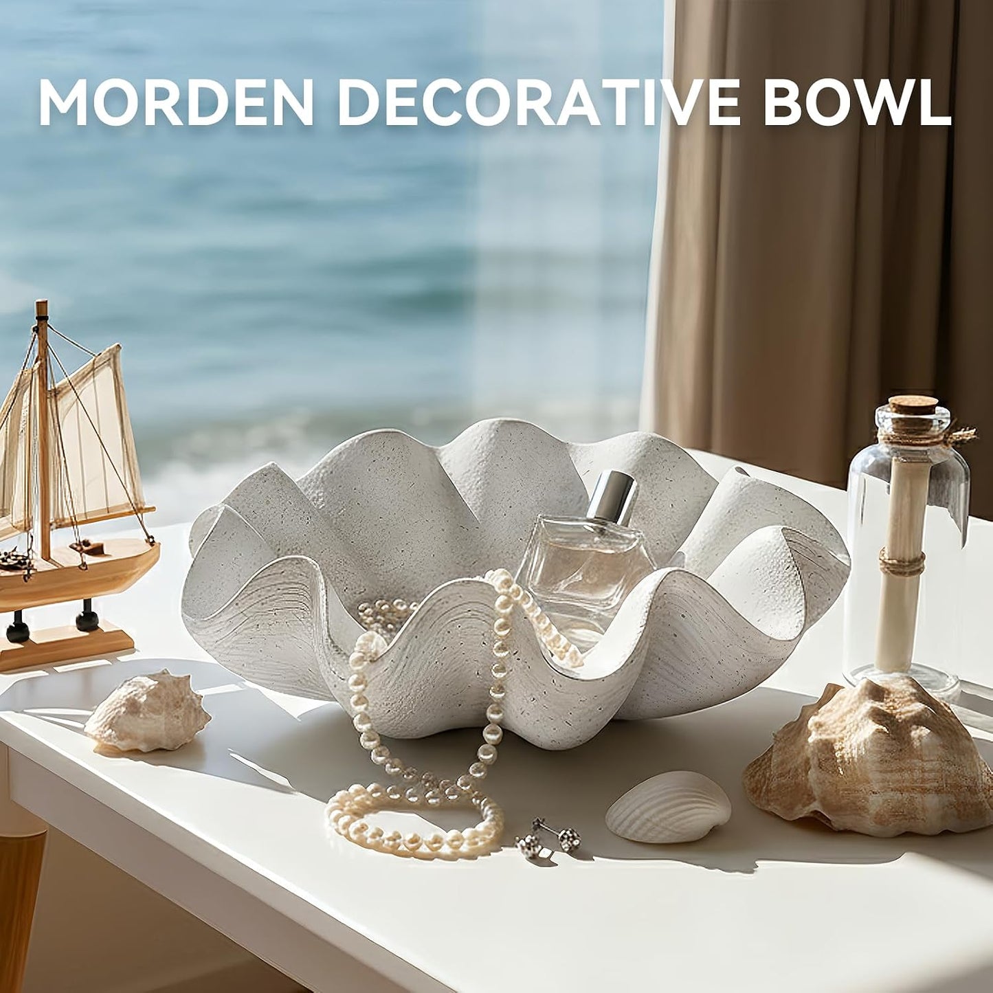 Scalloped Decorative Bowl Home Decor / Artificial Stone White