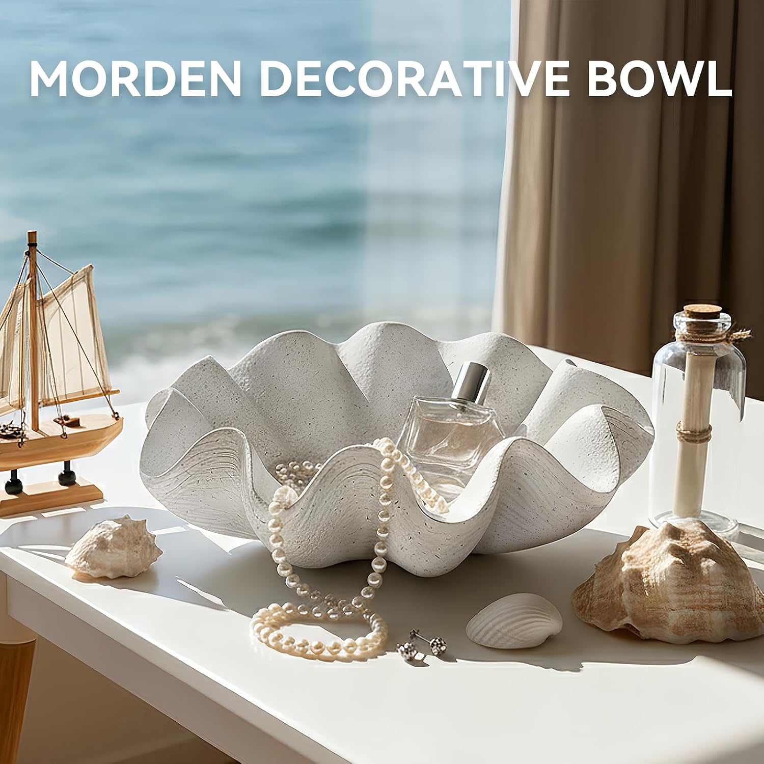 Scalloped Decorative Bowl Home Decor / Artificial Stone White