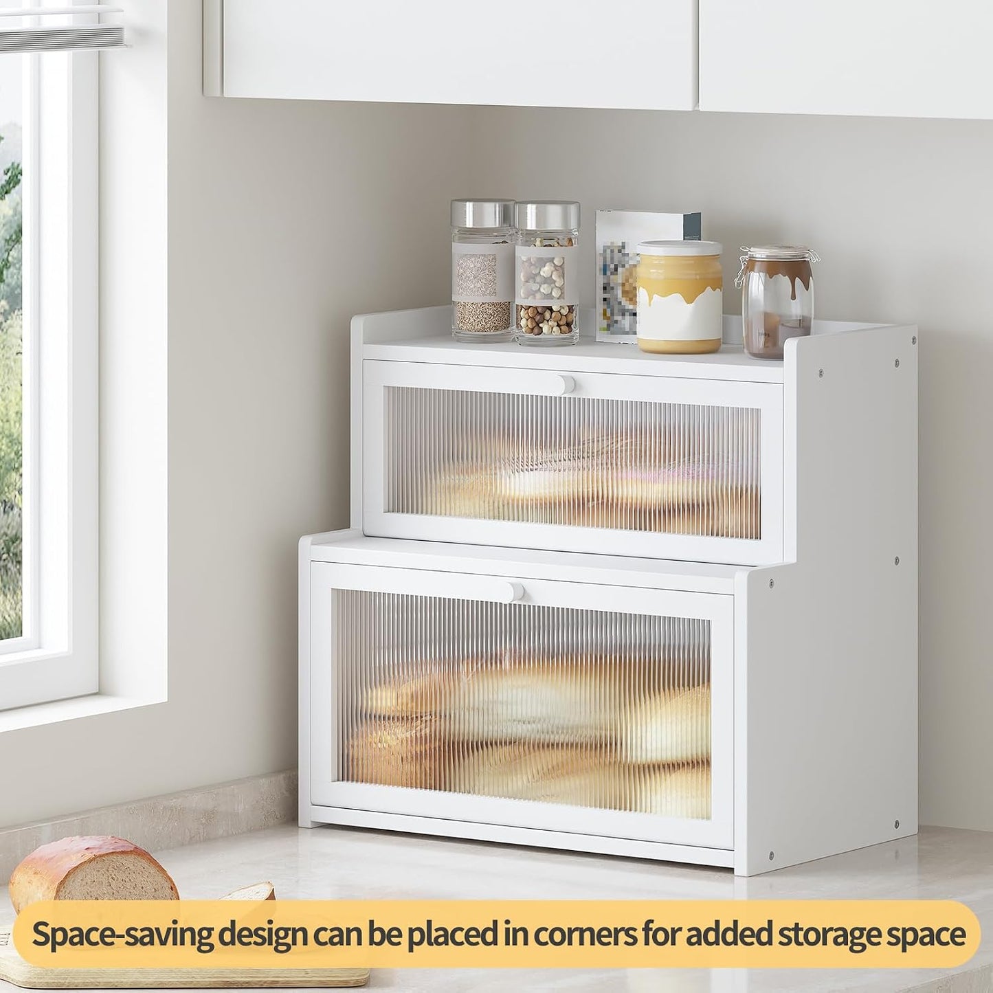 Double Layer Bamboo Bread Box for Kitchen Counter,Bread Holder,Countertop Bread Storage with Window (White)