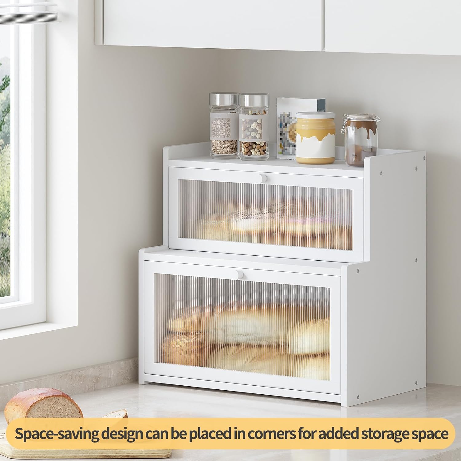 Double Layer Bamboo Bread Box for Kitchen Counter,Bread Holder,Countertop Bread Storage with Window (White)