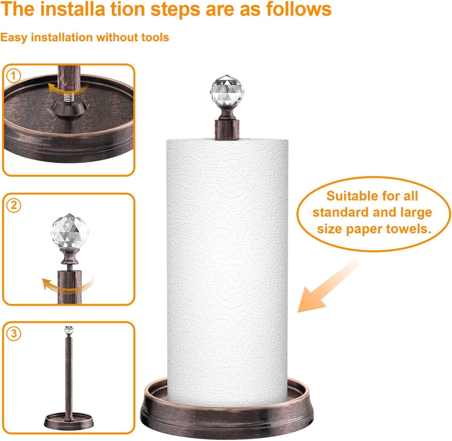 Kasunto Paper Towel Holder (with Crystal Ball) Steel Paper Towel Holder countertop，Paper Towel Holder Stand for Kitchen