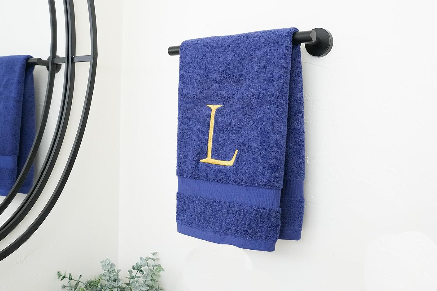 Navy with Gold Monogrammed Hand Towels for Bathroom - Set of 2 Letter L | Luxury Hotel Quality Initial Towels For