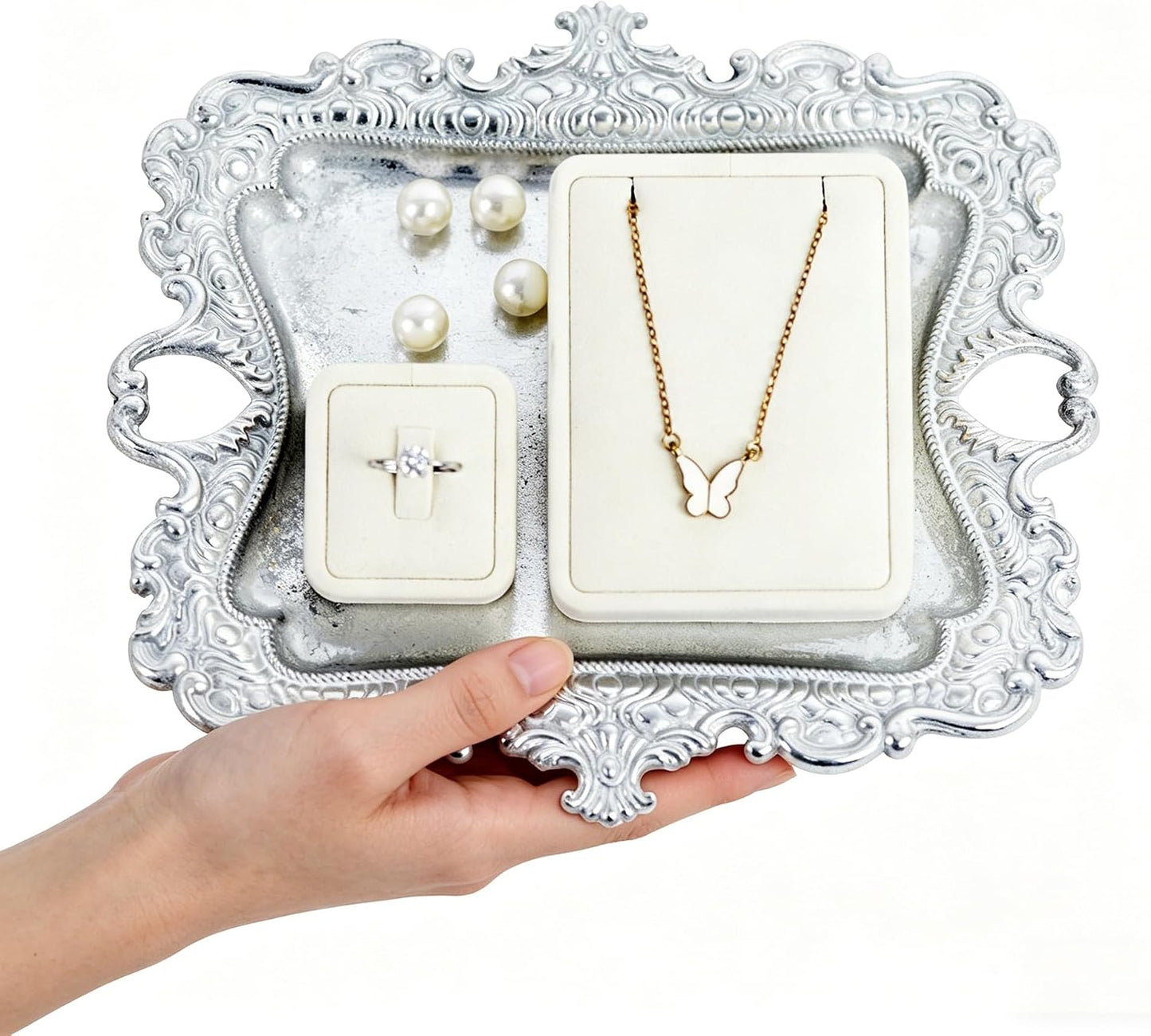 Antique Trinket Dish Vintage Jewelry Tray / Medium / Silver / 8 x 7