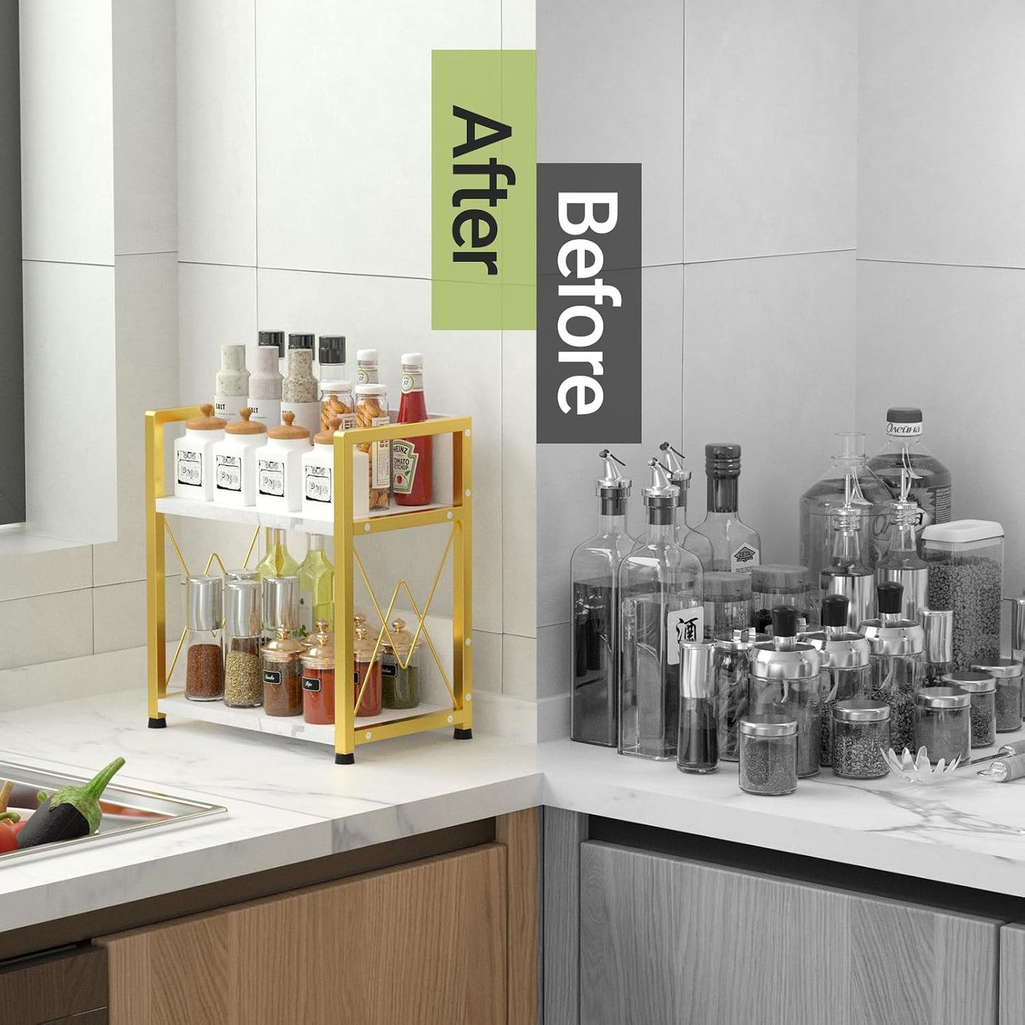 Aduanbang Coffee Bar Accessories Organizer, 2 Tier Wooden Kitchen Counter Shelf, Coffee Organizer Station for