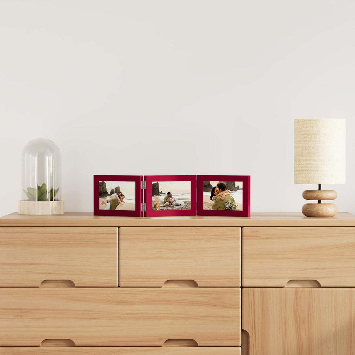 decorUhome Red Triple 7x5 Picture Frame Horizontal, MDRD08 | "Z" Shape Folding Design Engineered Wood Trifold Photo
