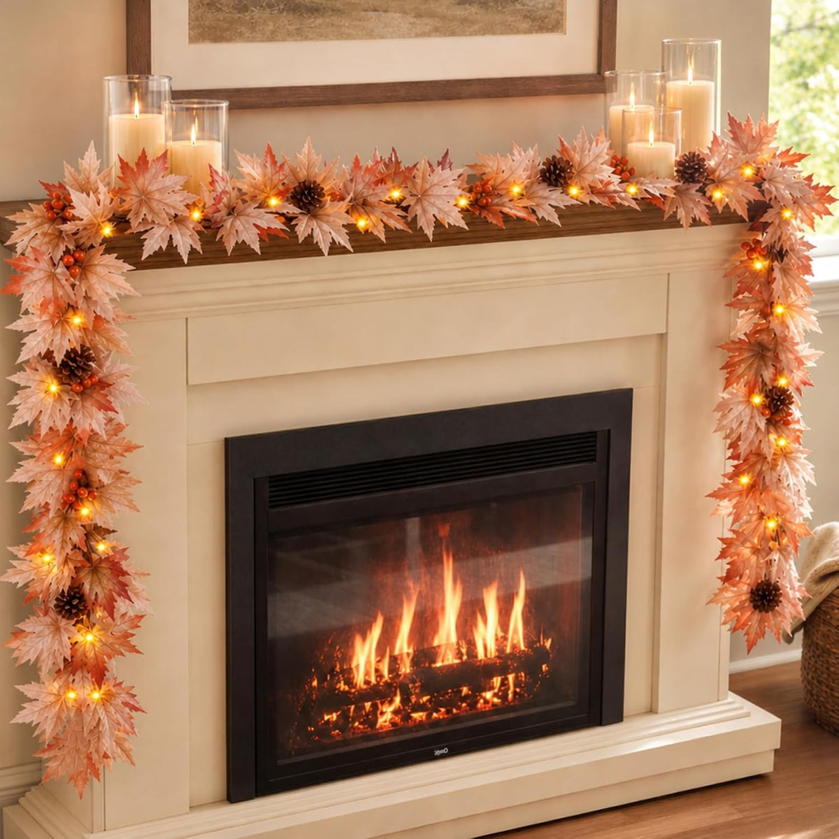SHareconn 2 Packs 9ft Fall Garland with Lights and Timer for Mantle