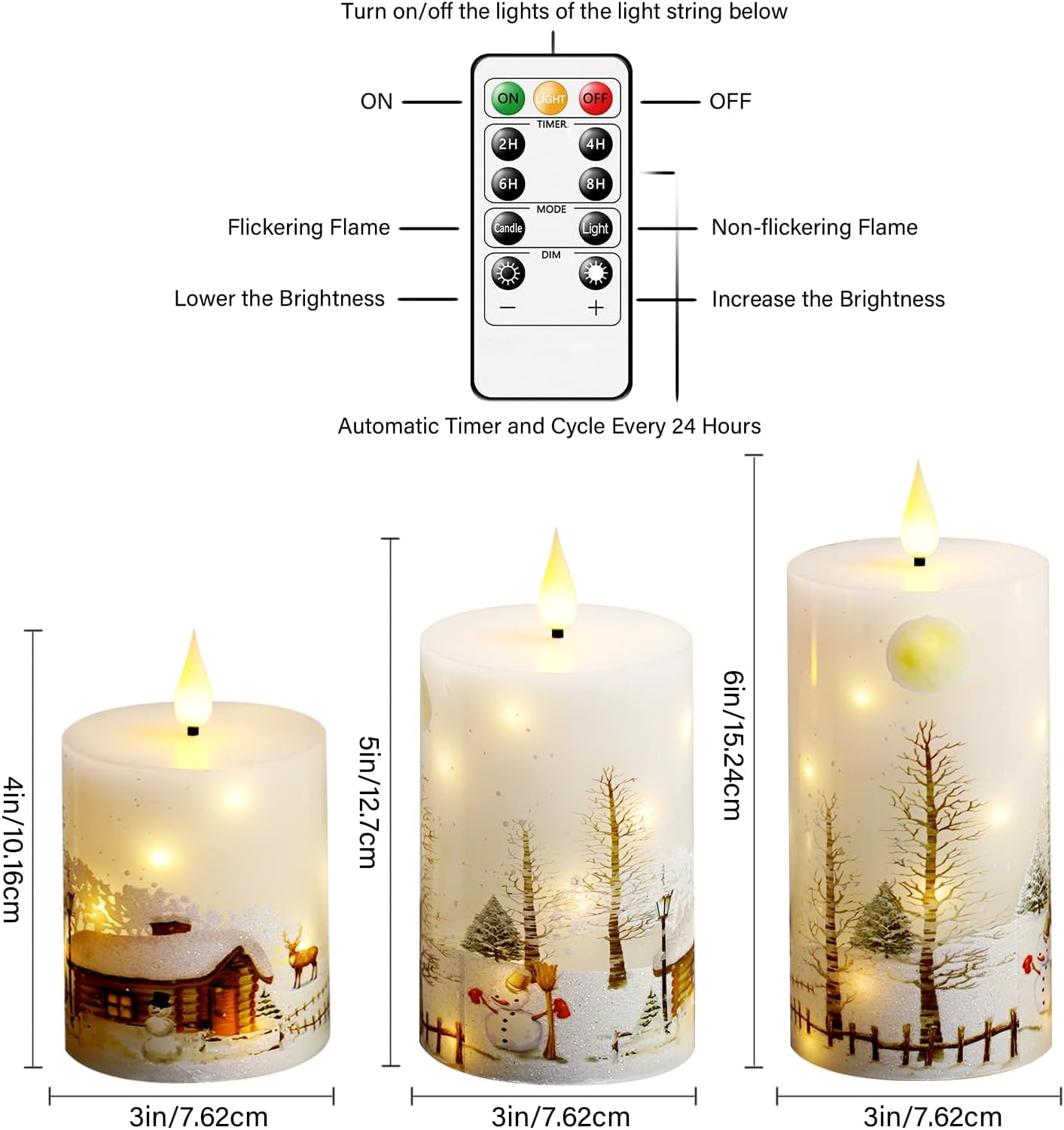 Christmas Flameless Candles with Remote - White LED Candles & String Lights, Battery Operated Set of 3 (D3 x H4/5"/6")