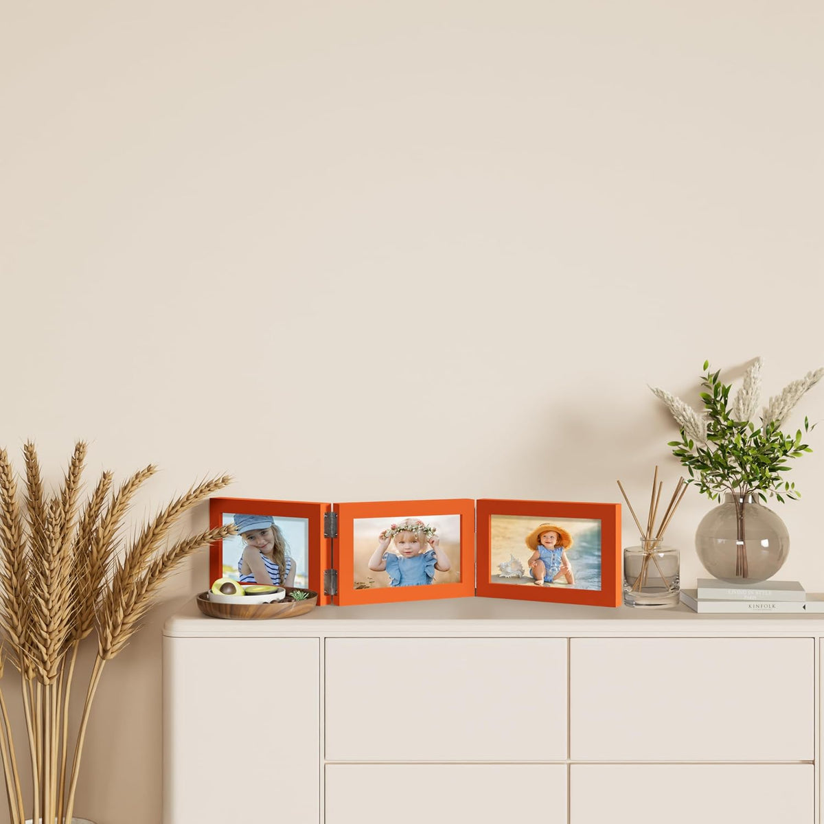 decorUhome Orange Triple 6x4 Picture Frame Horizontal, MDOR08 | "Z" Shape Folding Design Engineered Wood Trifold Photo