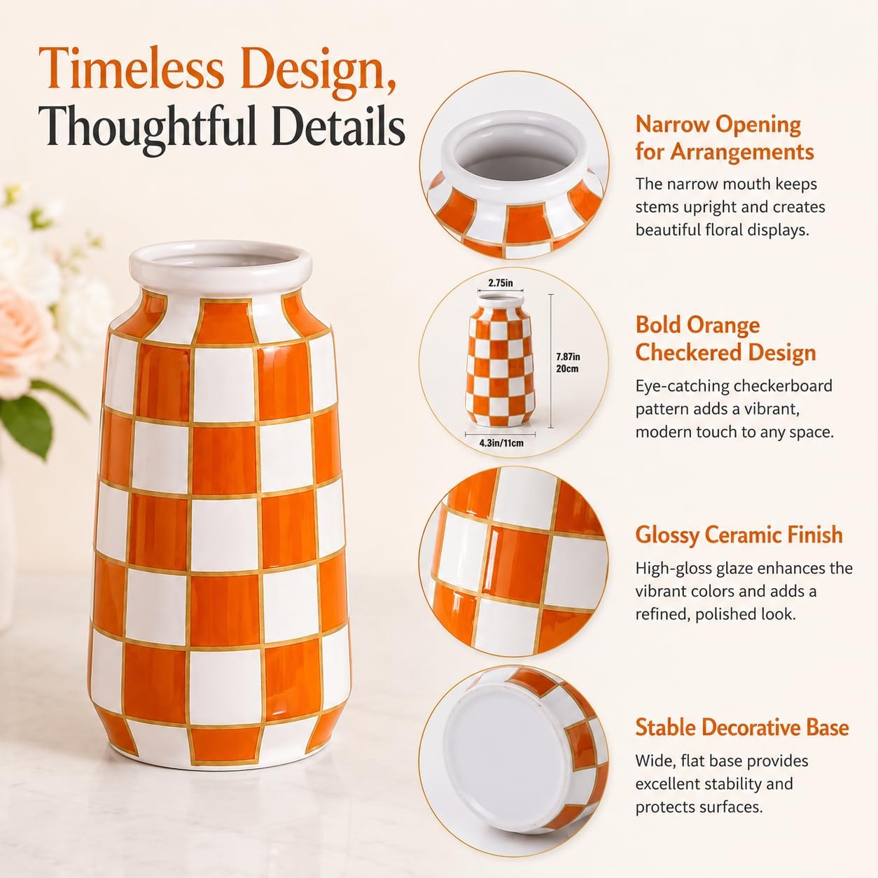 Black and White Ceramic Vase / Orange