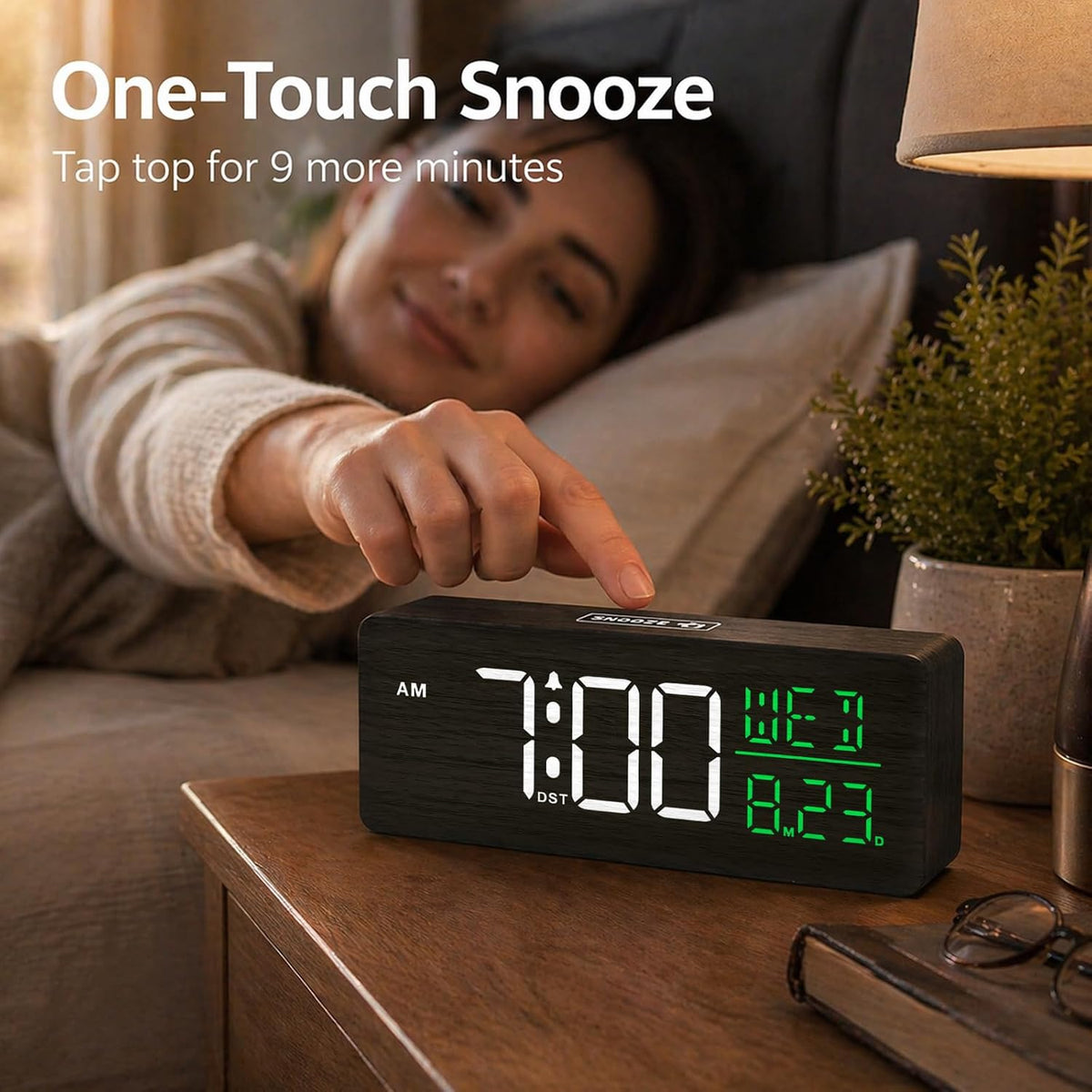 Peakeep Wooden Digital Alarm Clock Large Display, Textured Decoration | for Bedroom Living Room Desk Table, Electric