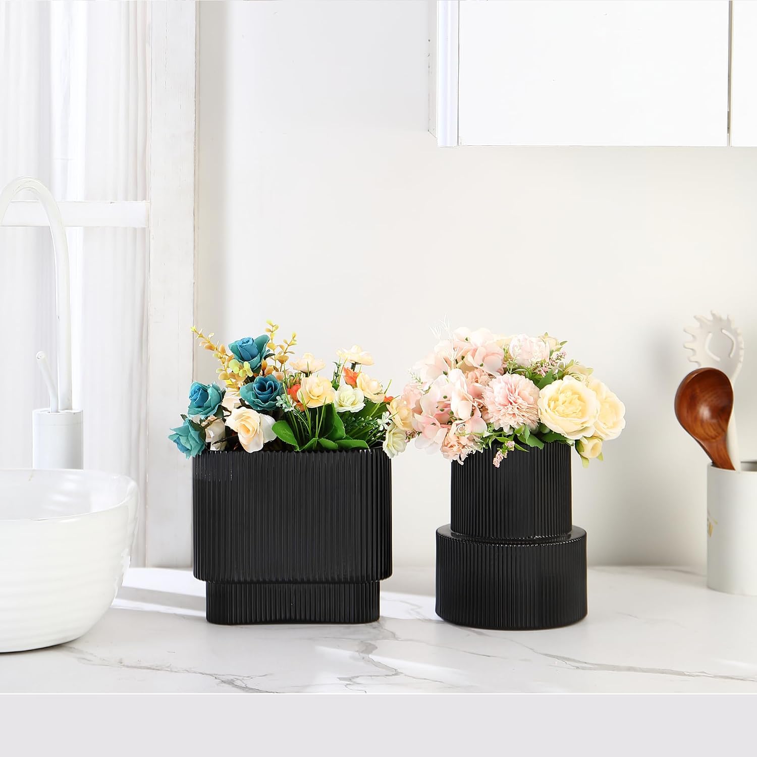 Glass Vases / Modern Vase for Tulips / Black / Ribbed + Oval / Set of 2