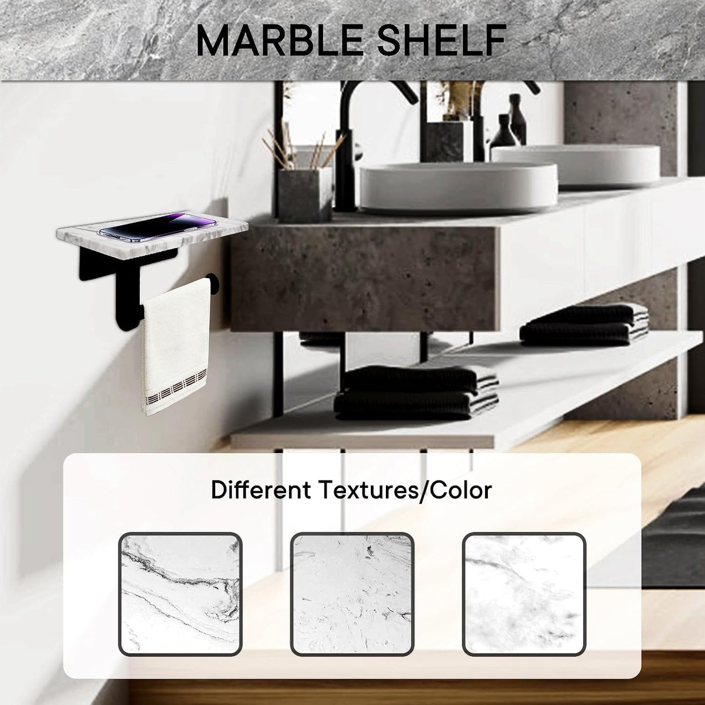 Toilet Paper Holder with Natural Marble Shelf for Bathroom Washroom,Wall Mounted Tissue Holder Suitable for Mega