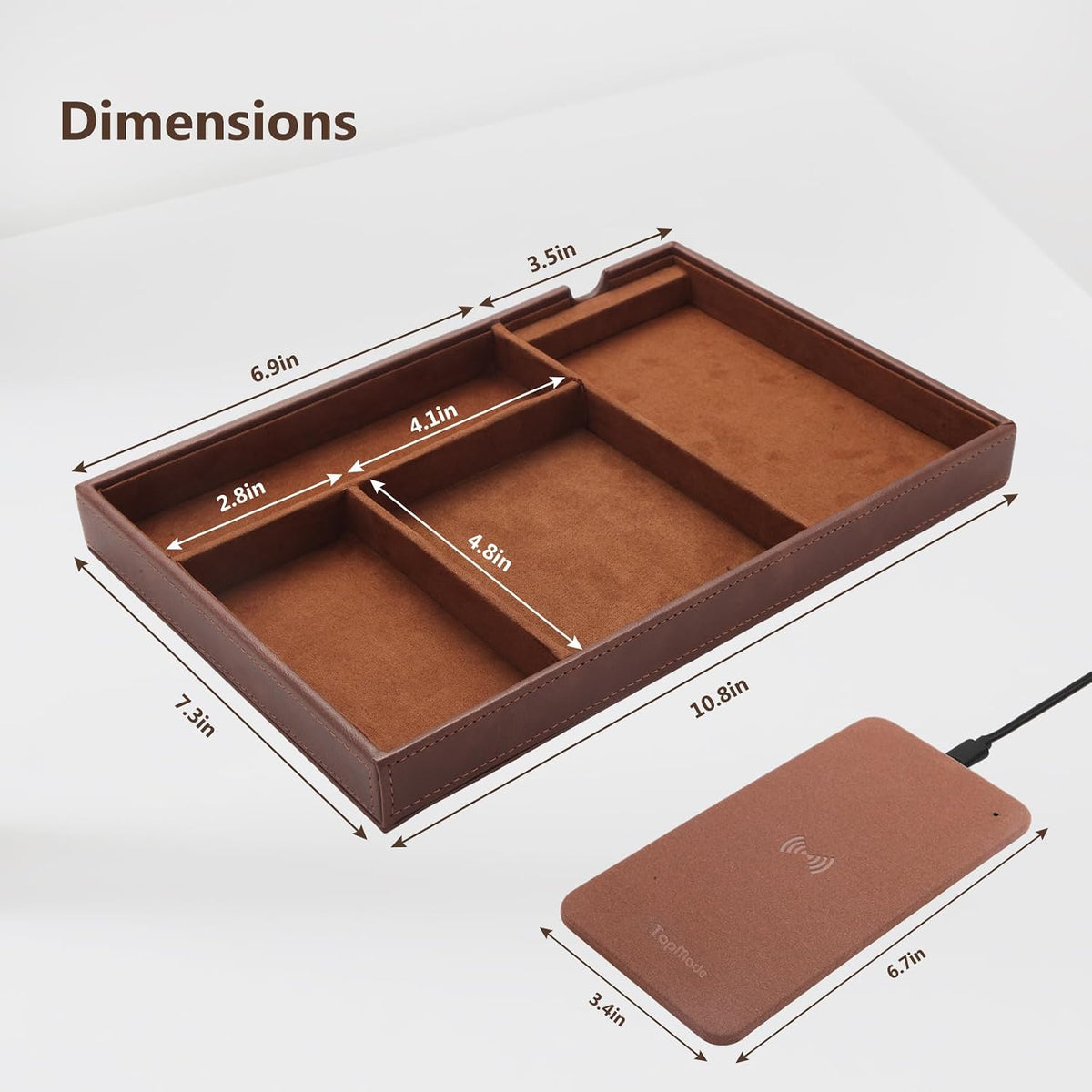 TopMade Valet Tray with Wireless Charging Pad Nightstand Organizer, Leather Desktop Storage Dresser Organizer Charging