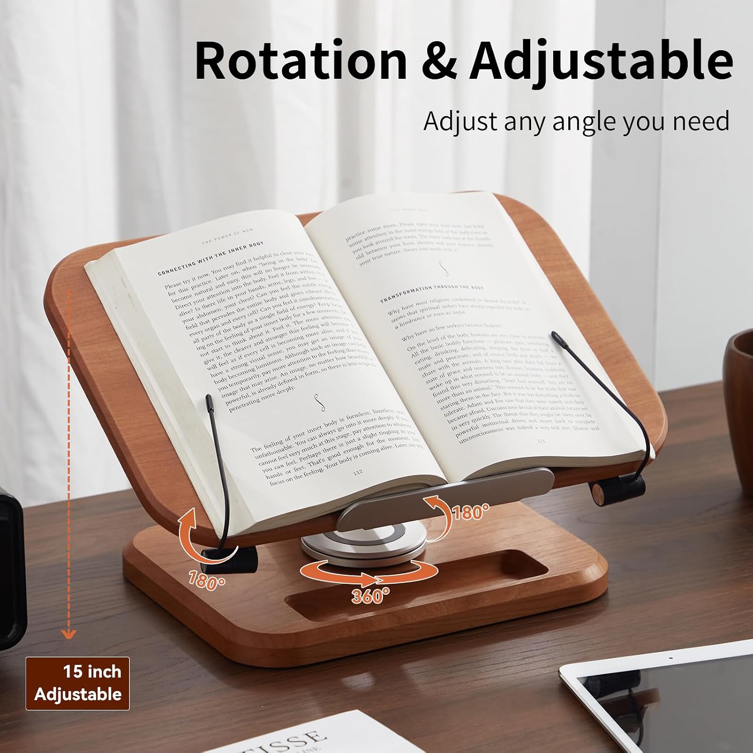 Book Stand for Reading, Mayhas Adjustable Book Holder with 360° Swivel Base&Page Clips, Foldable Desktop Stand for