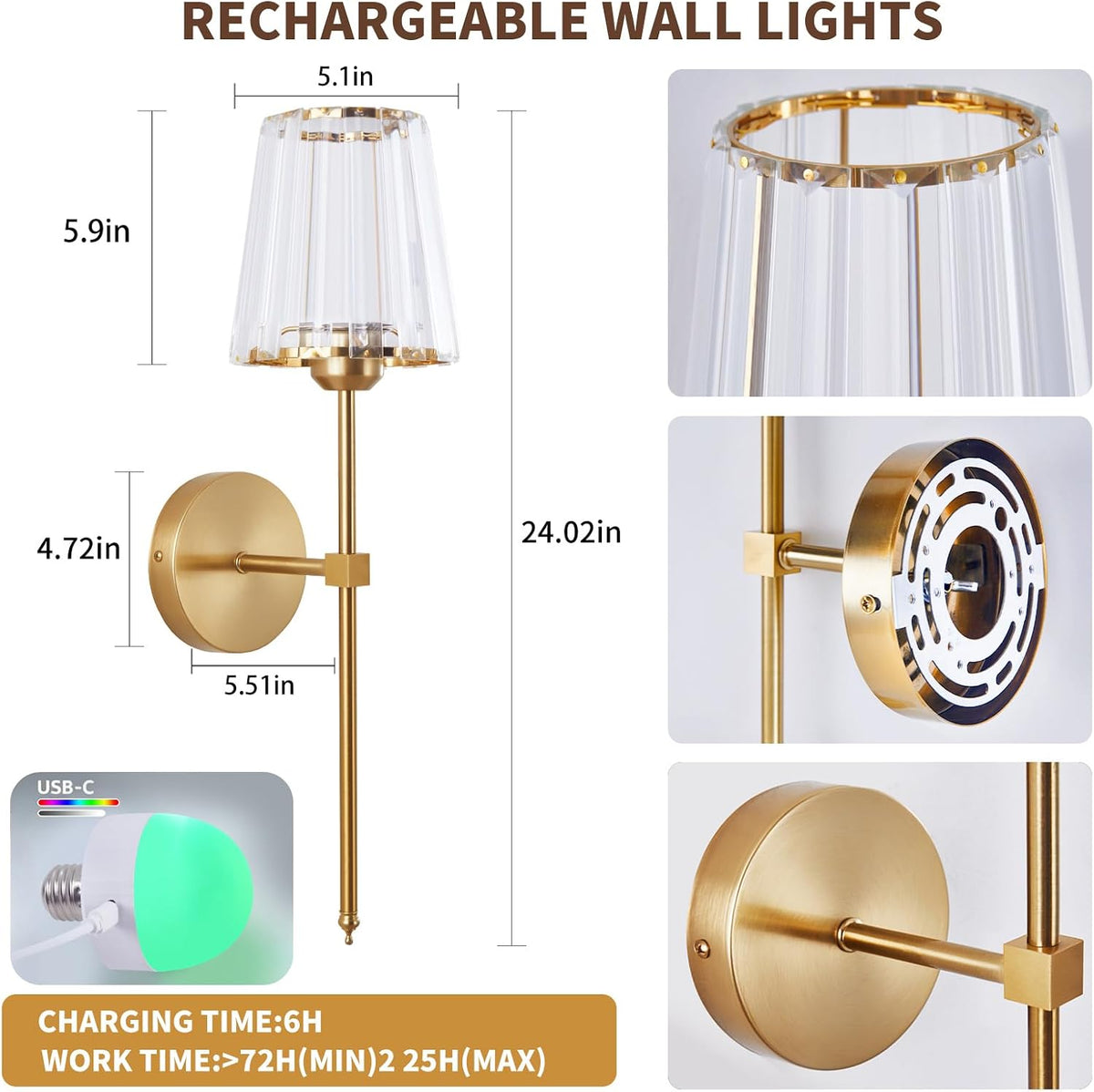 Wall Sconces Battery Operated Set of 2, Rechargeable Wall Sconce with Crystal Lampshade, Gold 5200mAh Wireless Wall