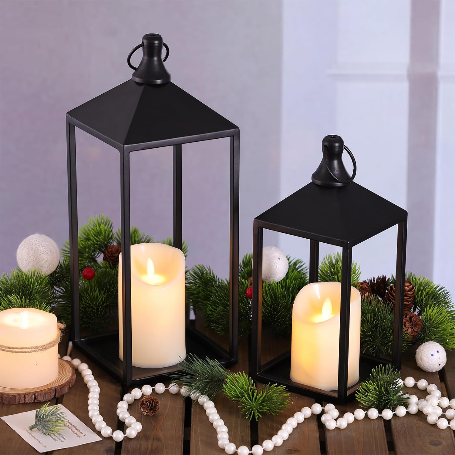2 Pcs Black Decorative Metal Lanterns Farmhouse Lantern Decor with Candles | 15" 11" Outdoor Candle Lanterns for