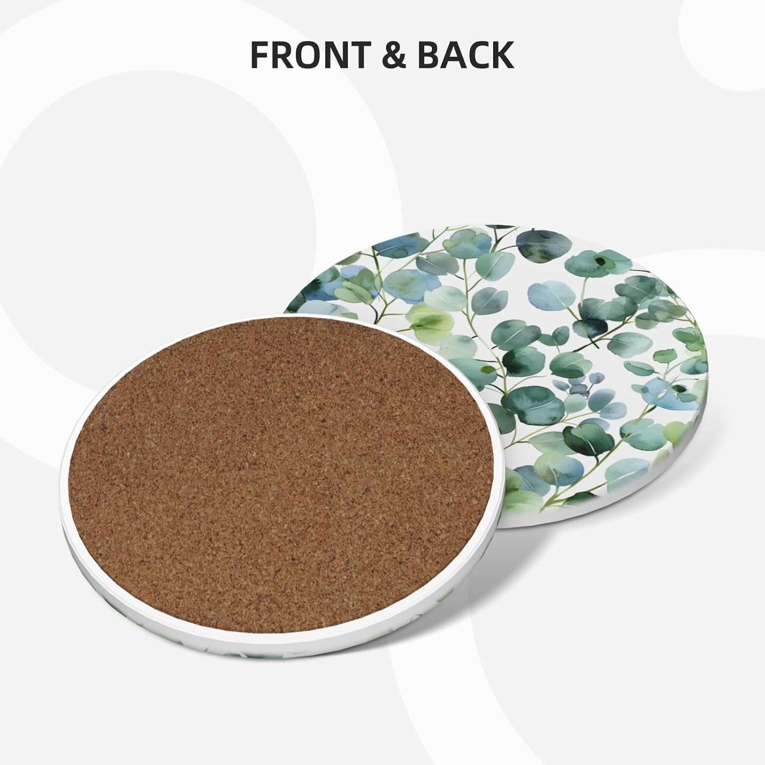 Coasters for Drinks Absorbent Round Ceramic Coasters / Green Eucalyptus Leaves / 4.1 Inch / Set of 4