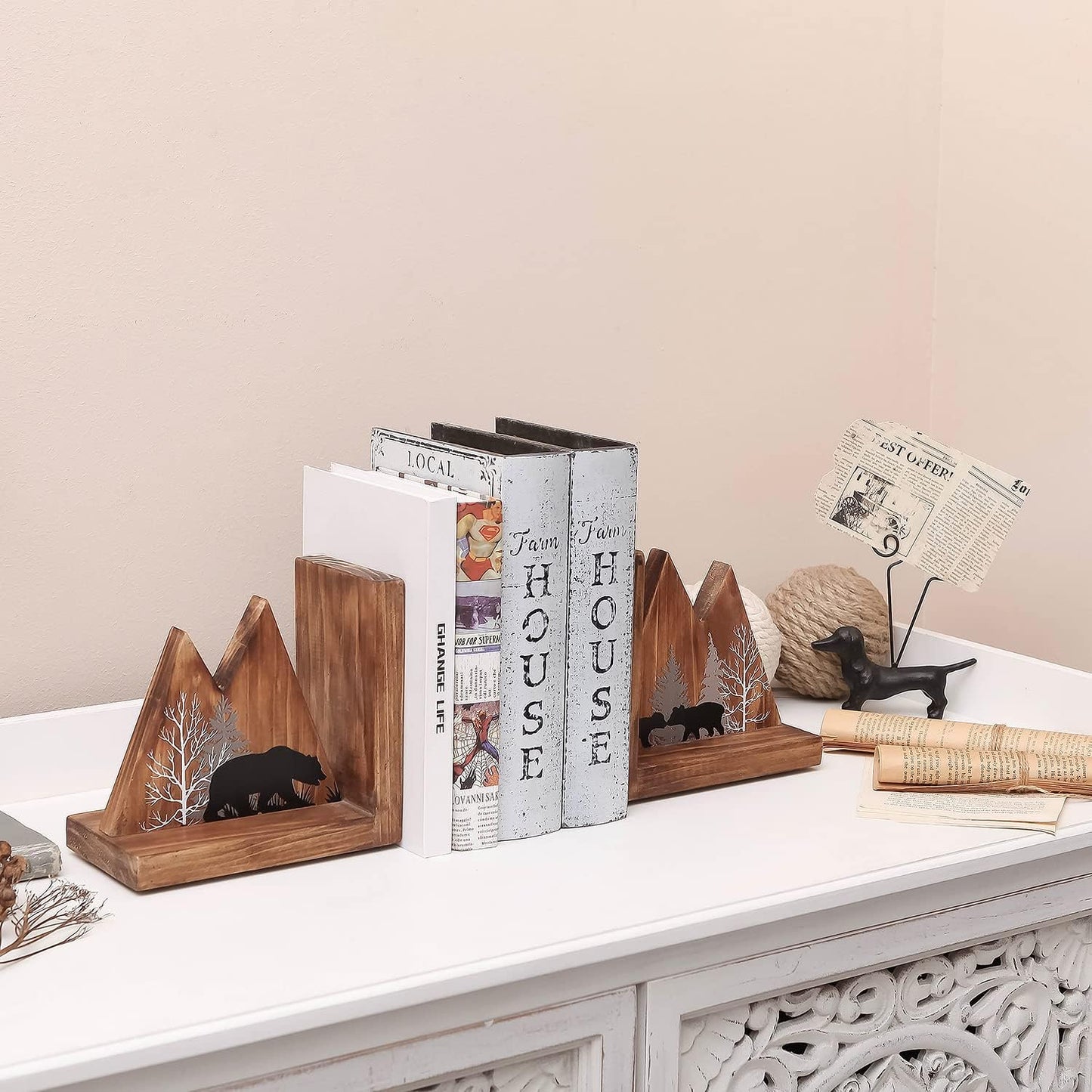Heavy Duty Non Slip Rustic Woodland Mountain Wood Bookend Book Ends Book Stoppers for Cabin / Bear