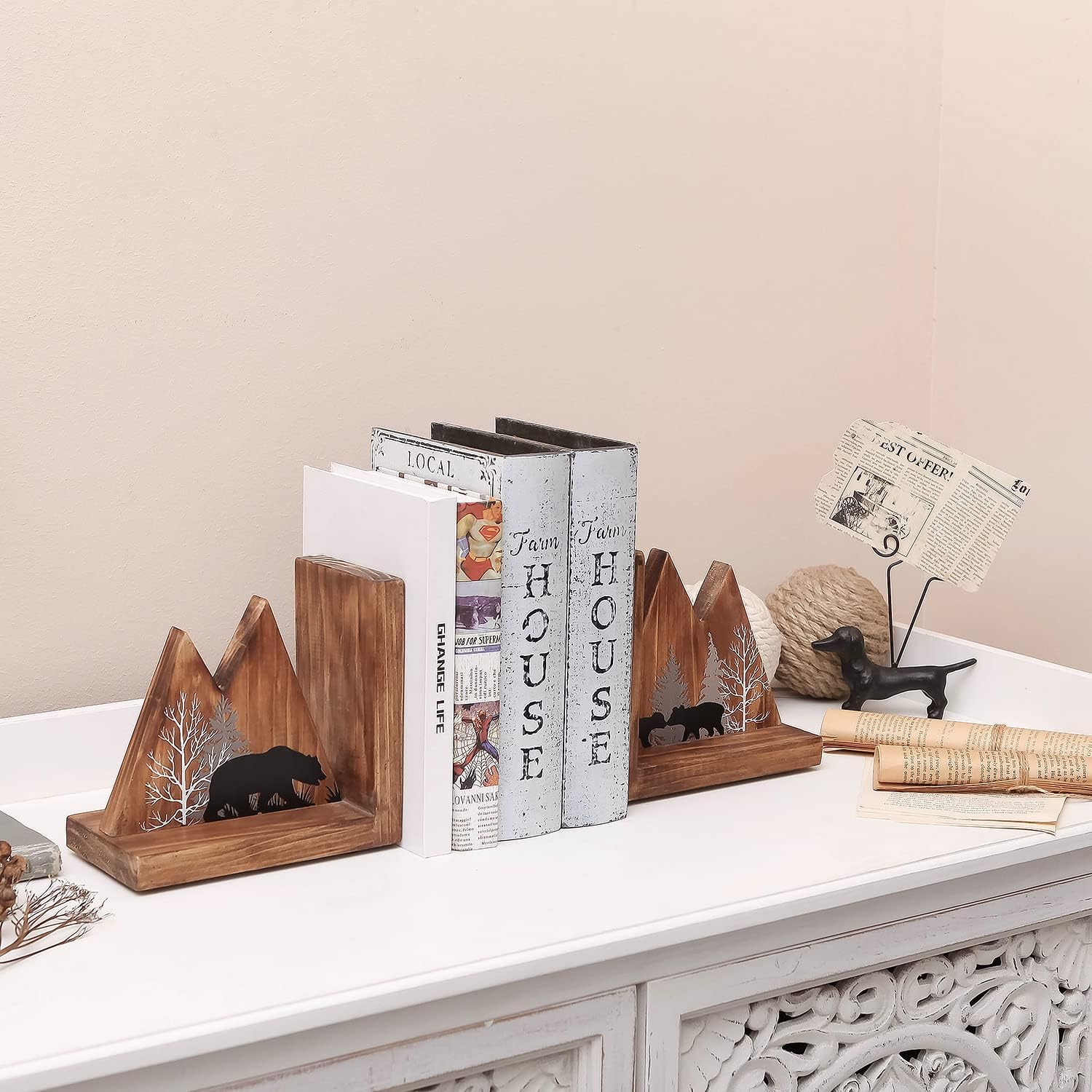 Heavy Duty Non Slip Rustic Woodland Mountain Wood Bookend Book Ends Book Stoppers for Cabin / Bear