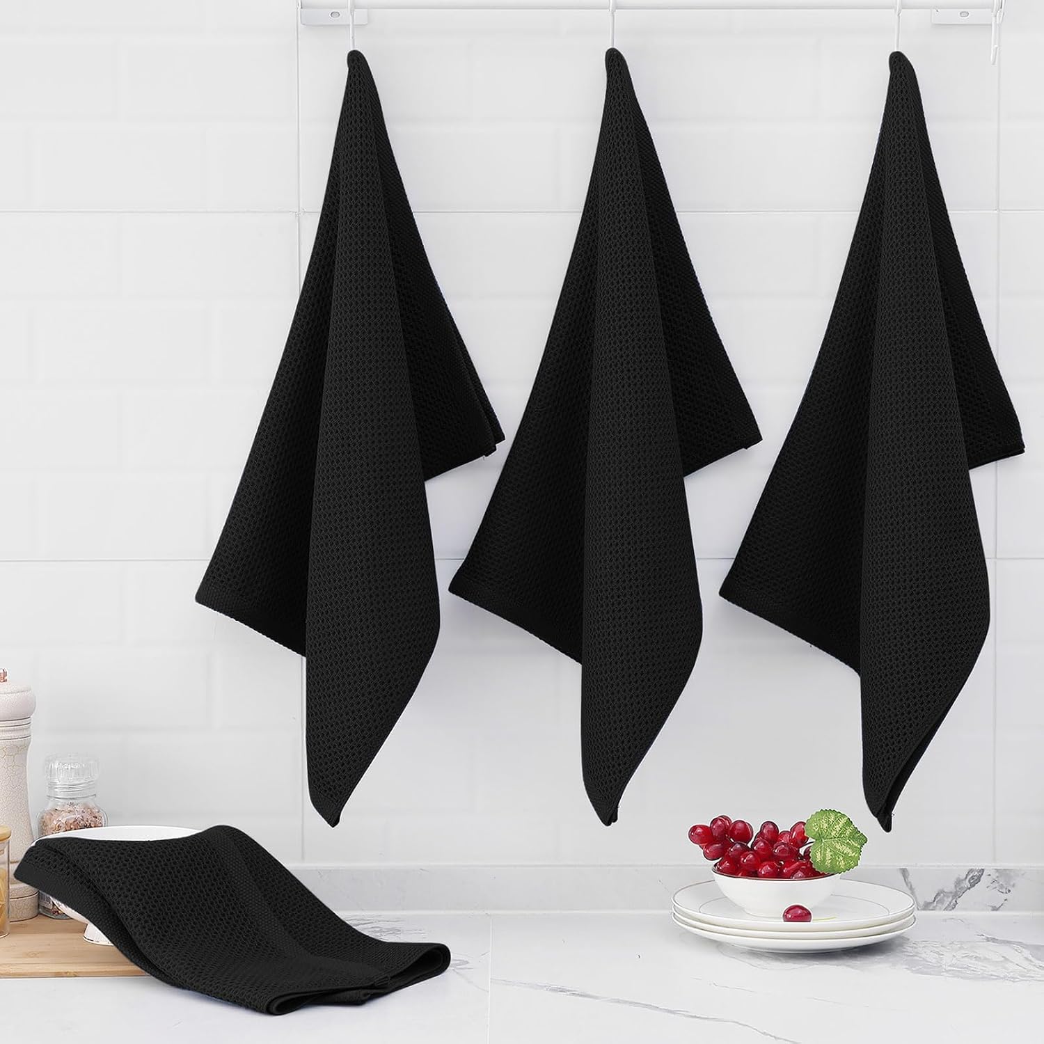 Homaxy 100% Cotton Oversized Waffle Weave Kitchen Towels 8-Pack, Black | 20 x 28 Inches, Ultra Soft Absorbent Dish