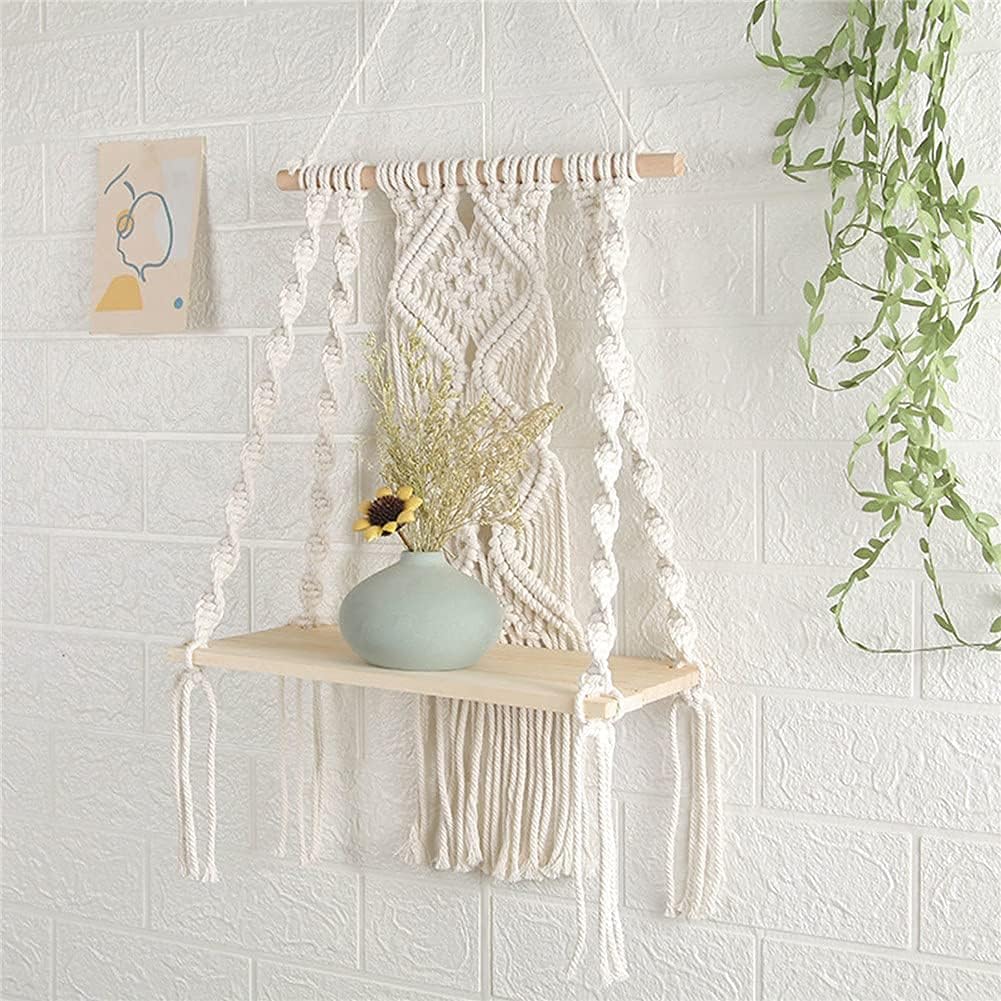 Macrame Wall Hanging Plant Decor Shelf Indoor Outdoor Floating Wood shelve Decorative Hand Made Rope