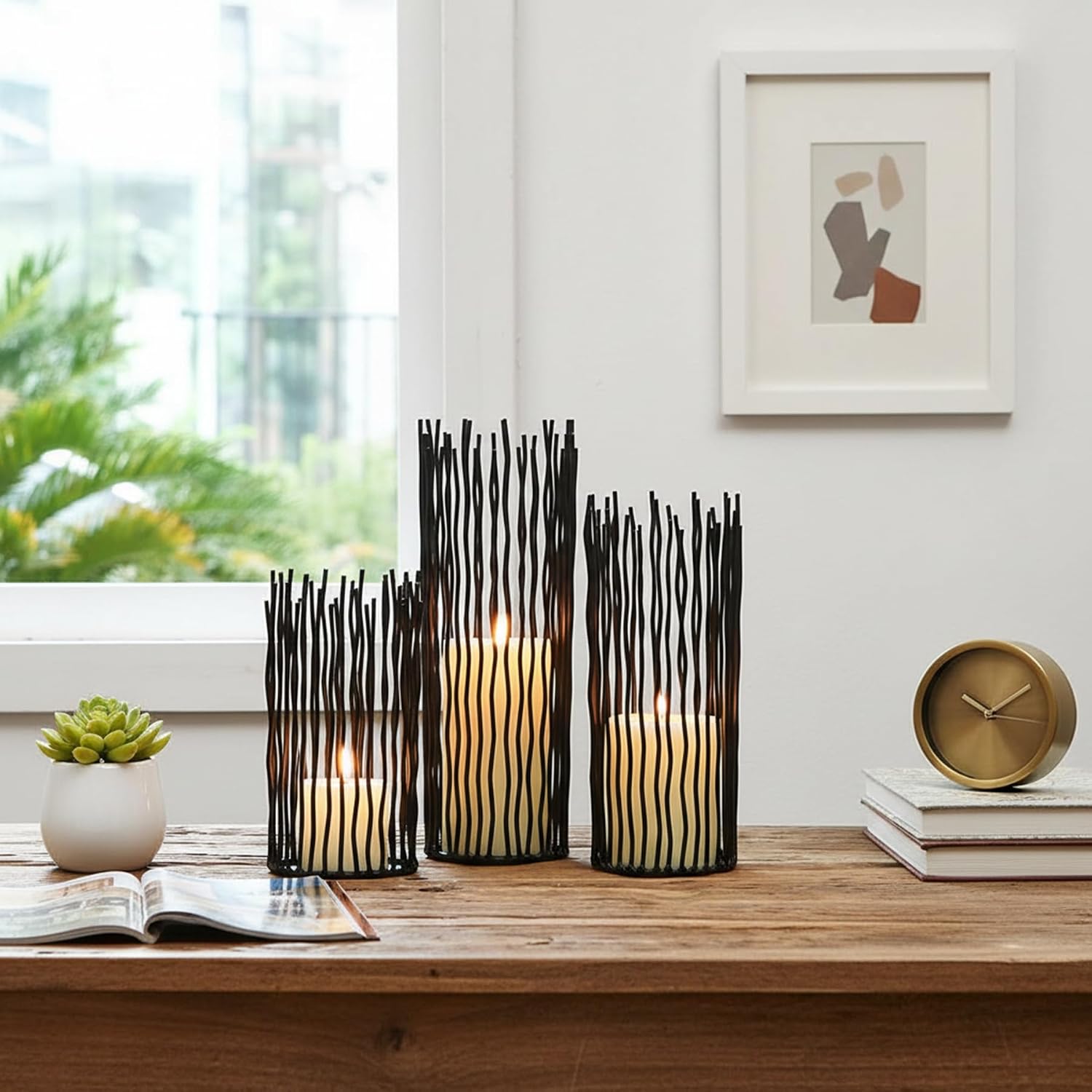 Metal Candle Holders for Pillar Candles - Black Wire Candle Holder Set of 3 | Creative Candlestick Holders for Table