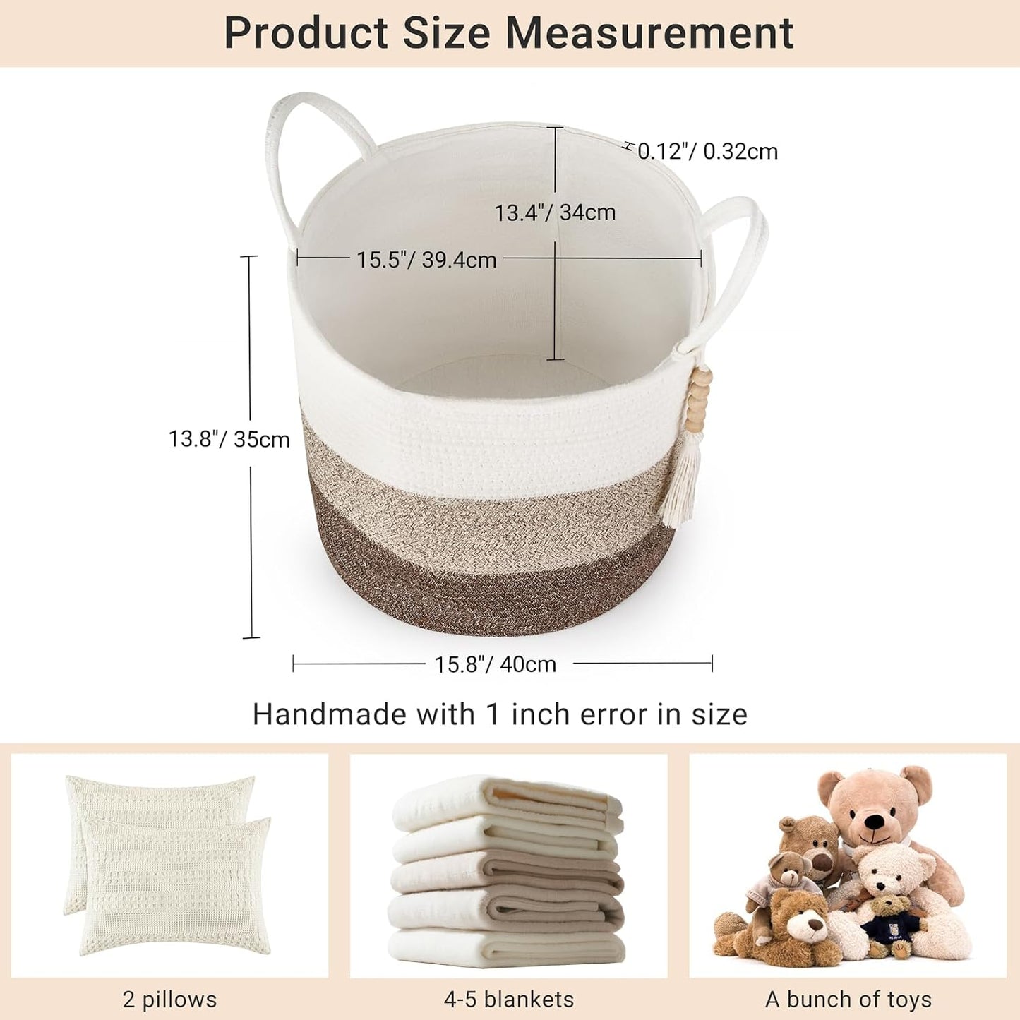 Woven Storage Basket Decorative Natural Rope Basket Wooden Bead / Gradient Brown / 16" W x 13.8"L