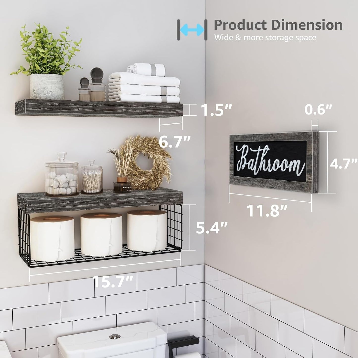 QEEIG ‎Bathroom Shelves Over Toilet - Paper Storage Wall Mounted Farmhouse Decor Decorations Aesthetic Décor Sign Small