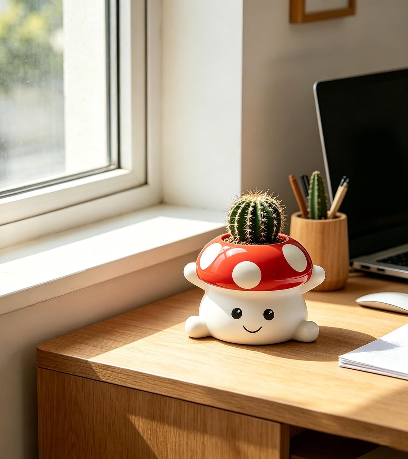 & White Mushroom Ceramic Face Planter / Red