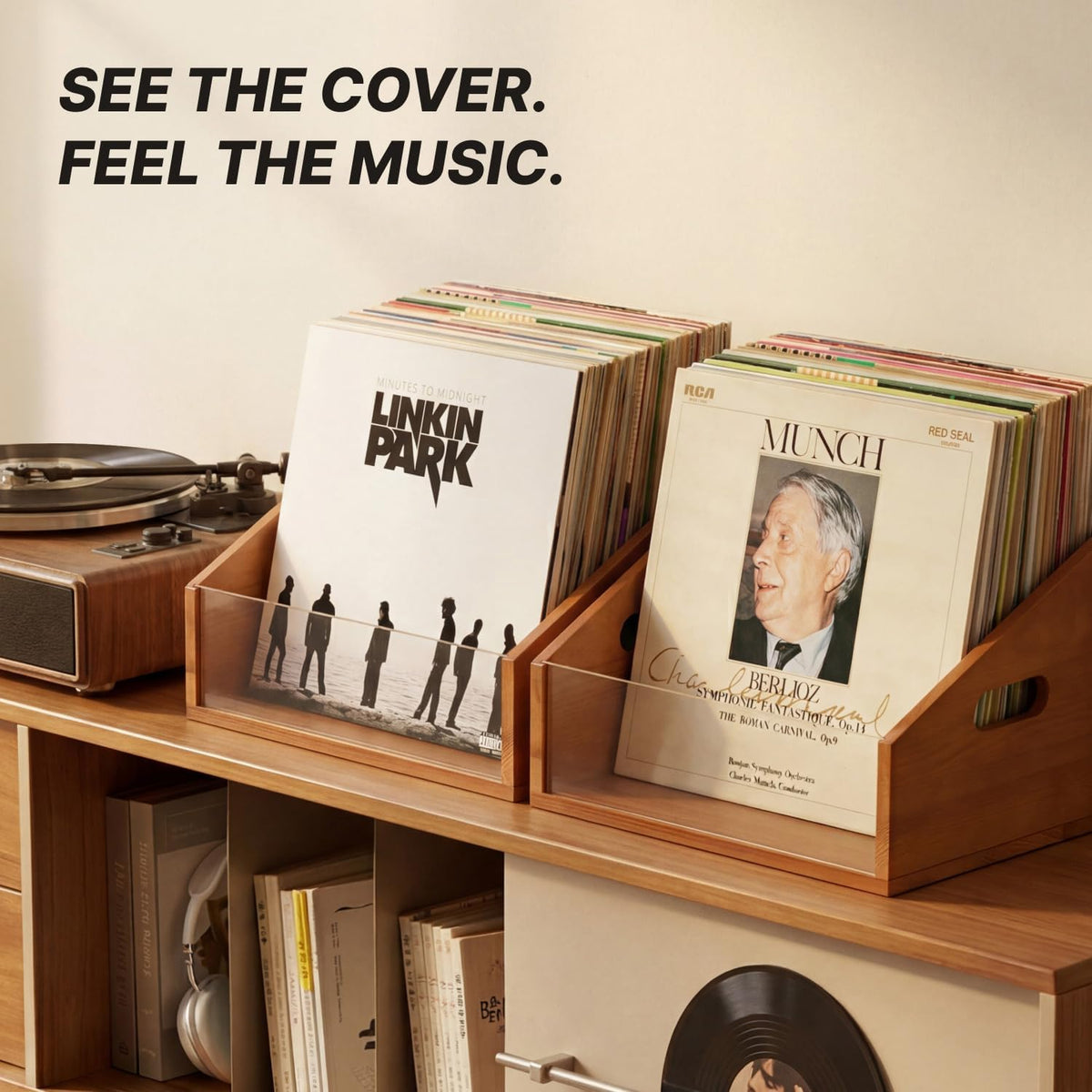 Vinyl Record Storage Crate, Solid Wood Rustic Record Box Holds 60 LP Albums, Wooden Record Holder Organizer with