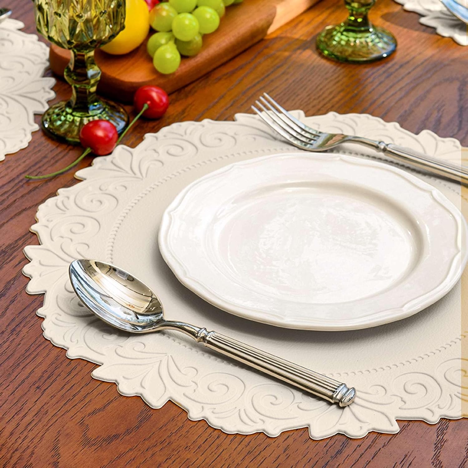 Round Faux Leather Placemats Set of 6, Dining Table Mats, Beige | Engraved Texture, 15 Inch Diameter, Waterproof and