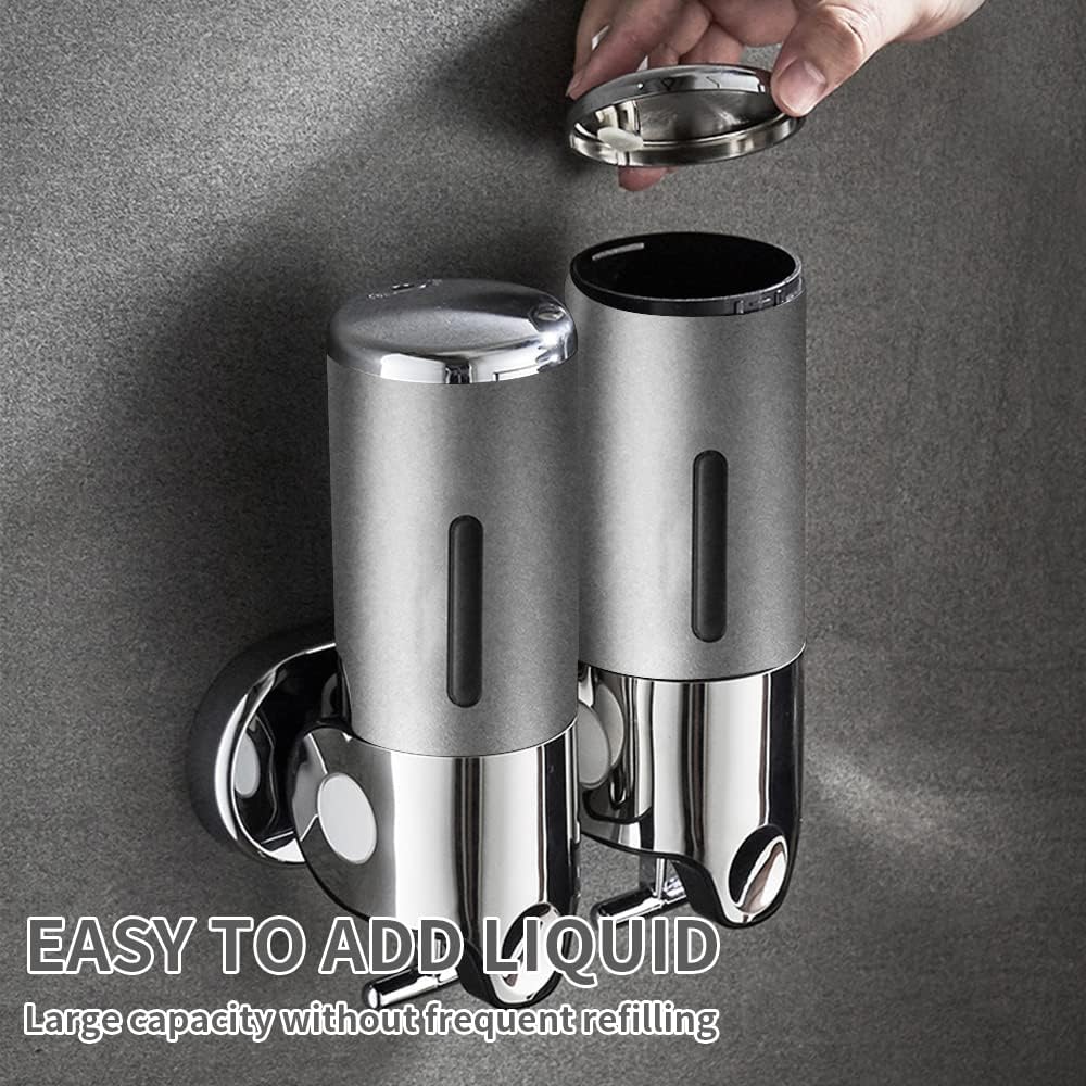 2 in 1 Chamber Wall Mounted Shampoo and Conditioner Dispenser (Silver) | No Drill Shower Soap Dispenser for Bathroom &