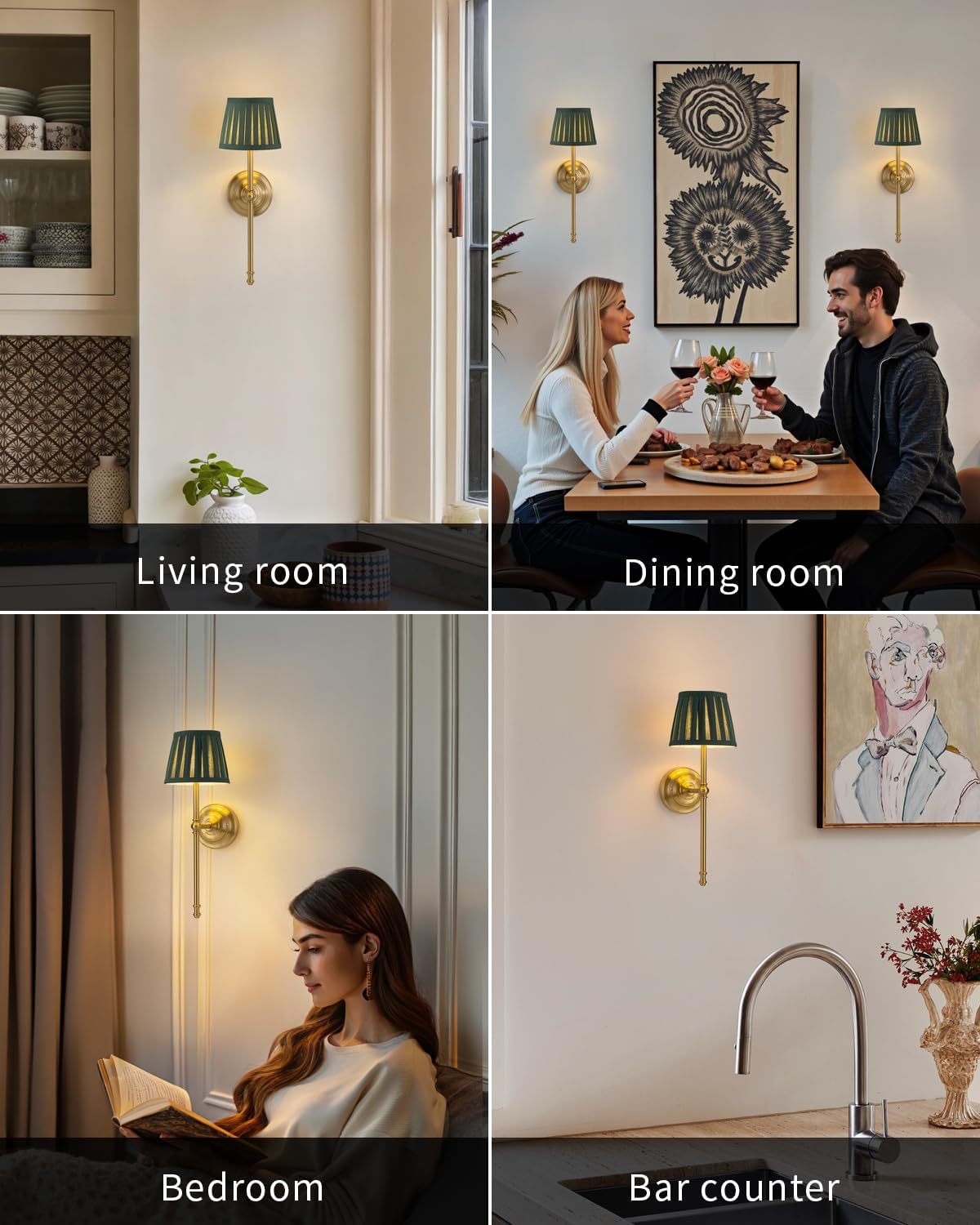 KDG Gold Cordless Wall Sconces Set of 2, Green Fabric LED Wall Lamps | Wireless Small Rechargeable Battery, Portable