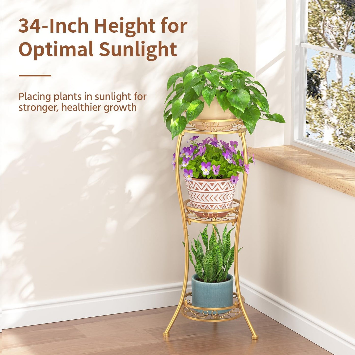 LASZOLA 3 Tiers Metal Corner Plant Flower Stand Tall Indoor Outdoor, Gold | Heavy Duty Small Holder Shelf for Multiple