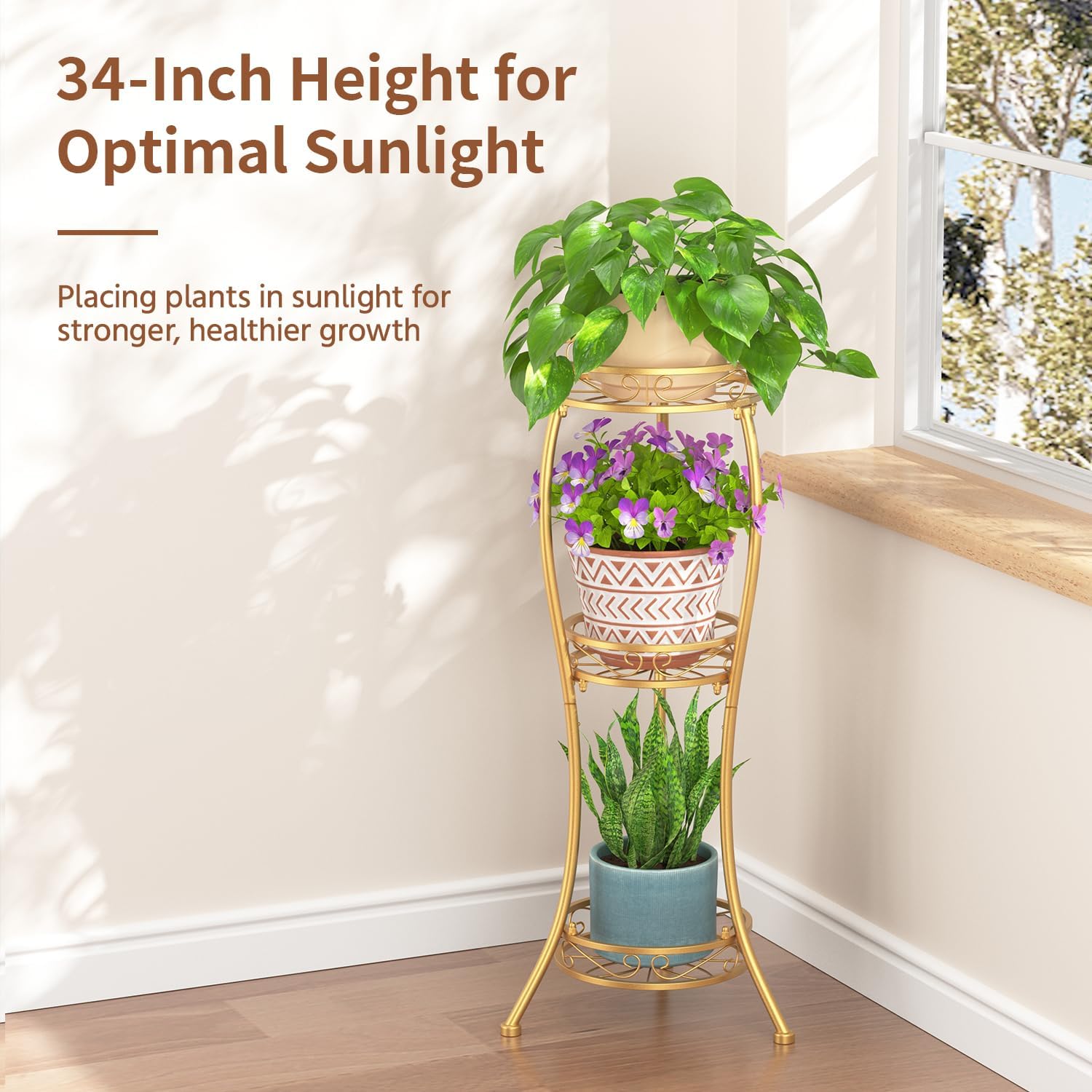 LASZOLA 3 Tiers Metal Corner Plant Flower Stand Tall Indoor Outdoor, Gold | Heavy Duty Small Holder Shelf for Multiple